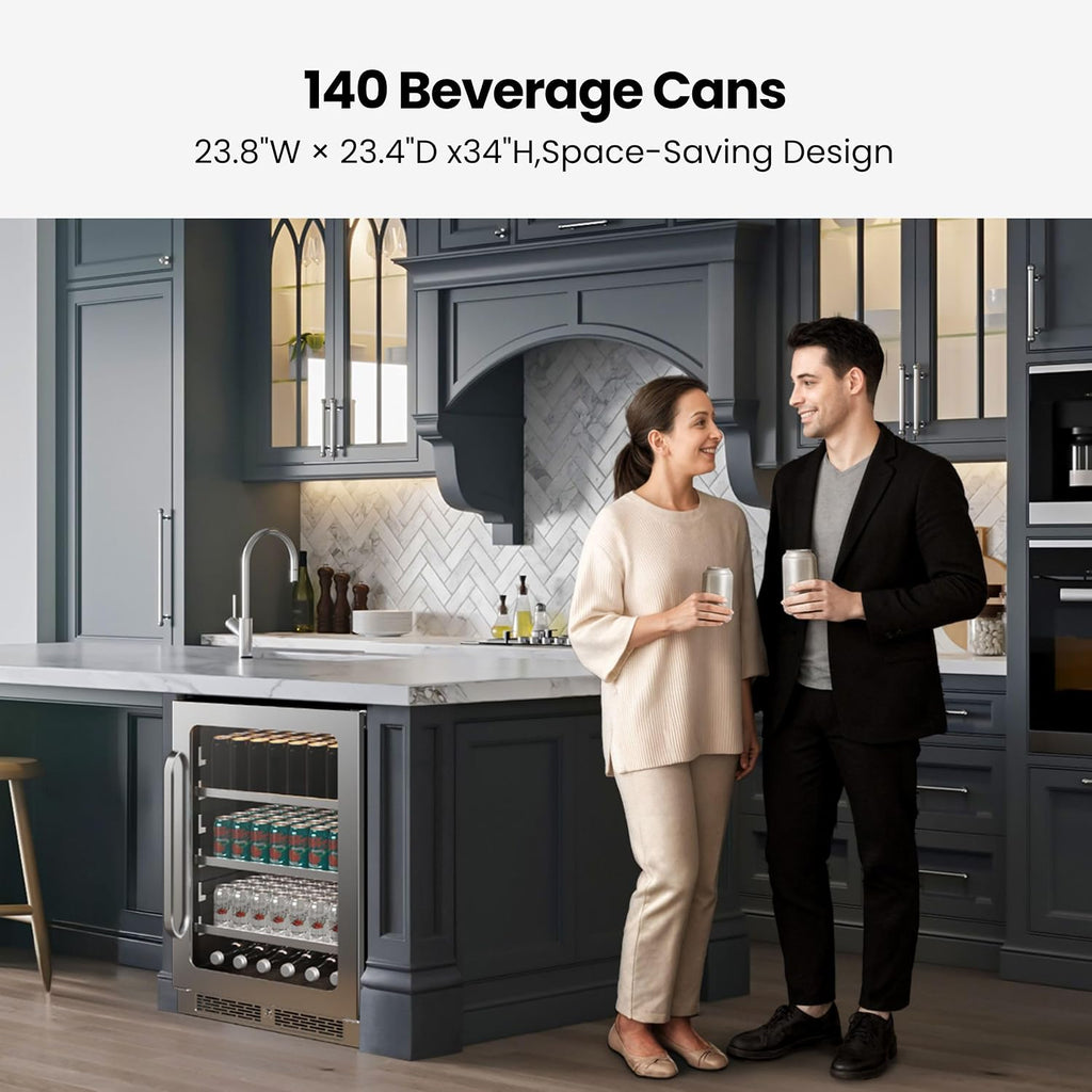 24 Inch Beverage Refrigerator 140 Cans Beverage Fridge, Drink Fridge with Glass Door 3 LED 34-54 ℉ Beverage Coolers Built-in or Freestanding Adjustable Shelves for Home/Kitchen(5.65 cu.ft)