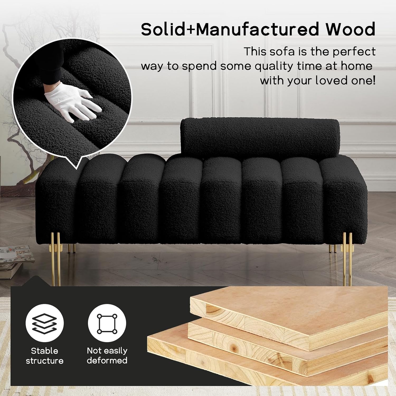 NIOIIKIT 53.2' Modern Loveseat Sofa Couch, Upholstered Accent Sofa with Golden Legs and Adjustable Backrest, Small Teddy Fleece Couches for Bedroom, Living Room, Compact Small Space (Black Teddy)