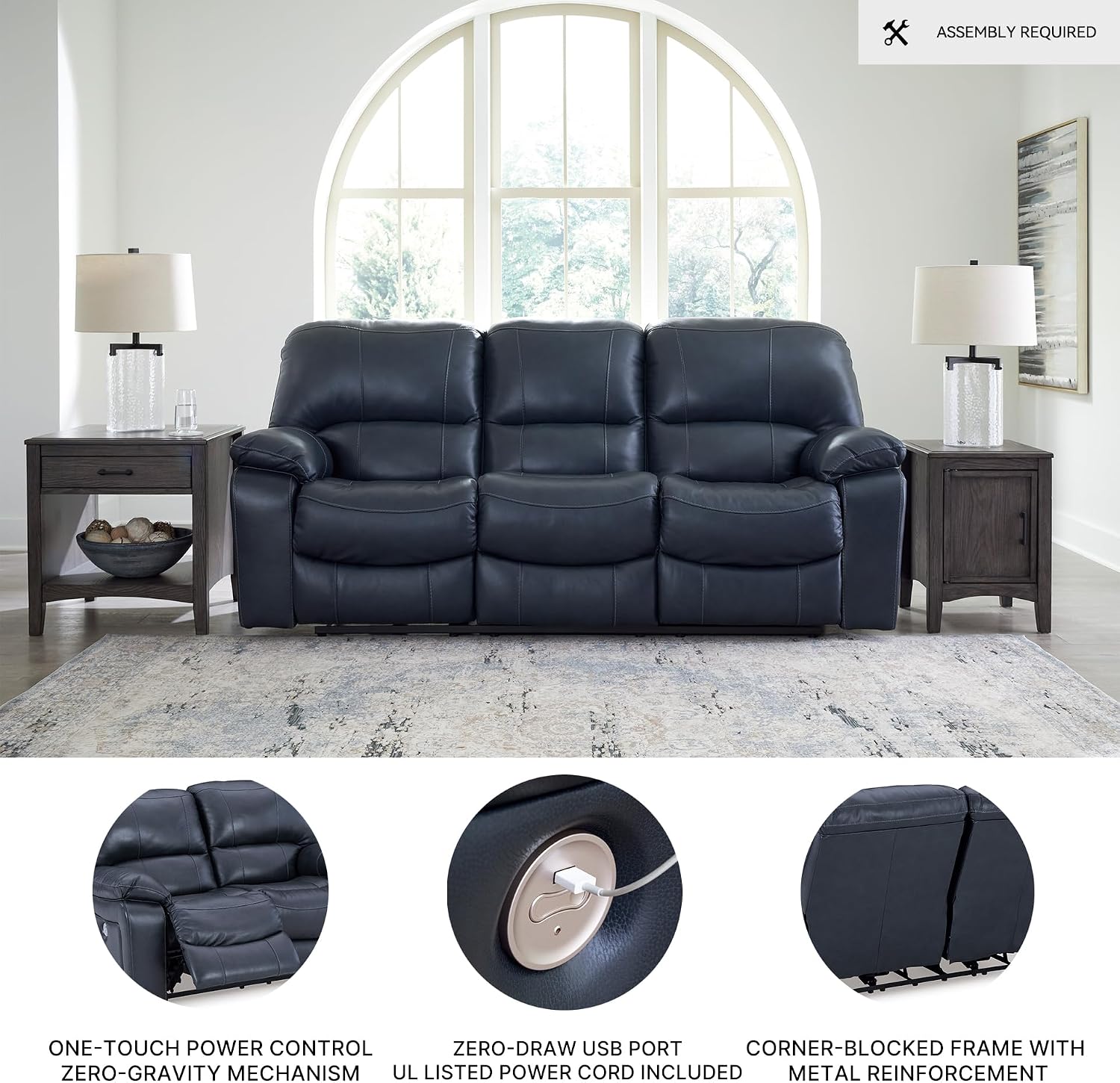 Signature Design by Ashley Leesworth Power Reclining Sofa, Leather Match Wall Hugger Reclining Sofa with One-Touch Power, Zero-Draw USB, 3 Seat Recliner Couch for Living Room, Brown
