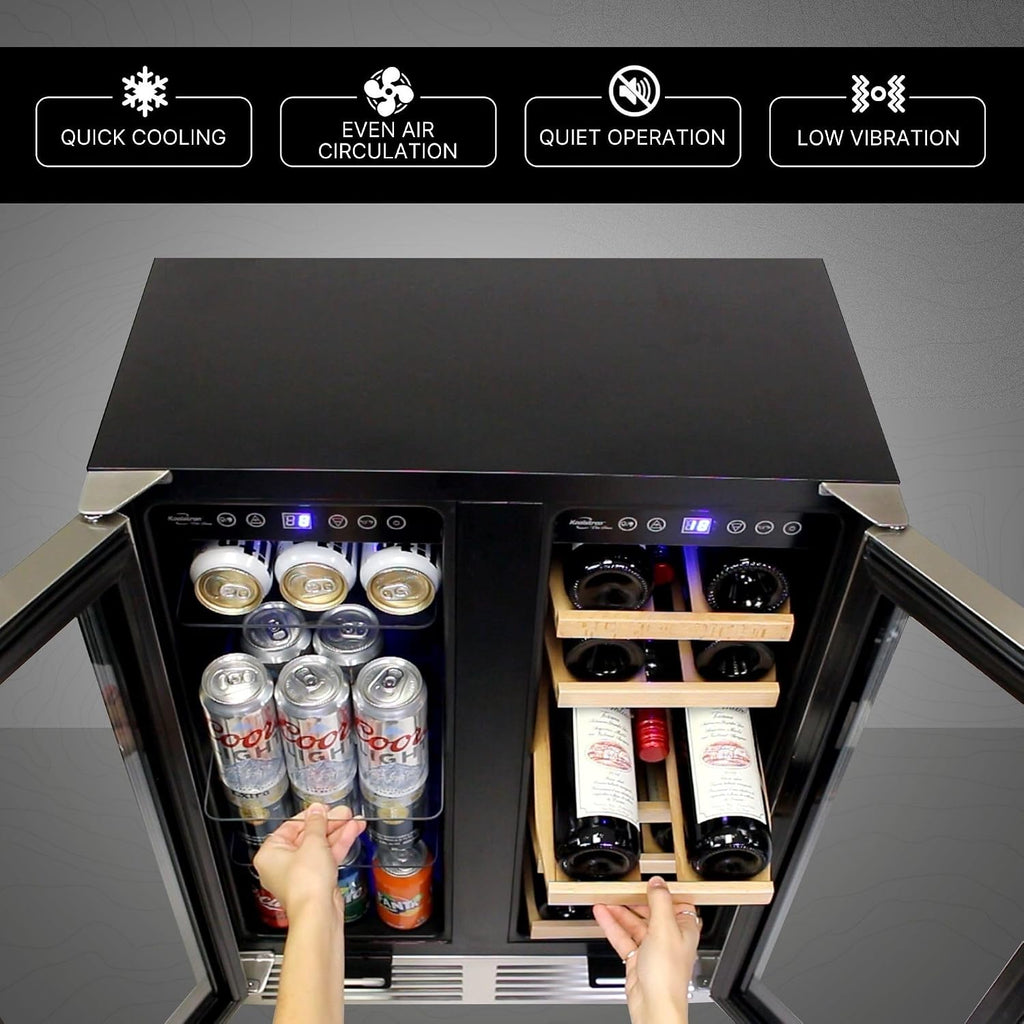 Koolatron Dual Zone Wine Fridge and Wine Cooler, 56 cans & 18 bottles (24 Inch), Built-In or Freestanding Compressor Under Counter Wine Refrigerator, Independent Temperature Control with French Doors
