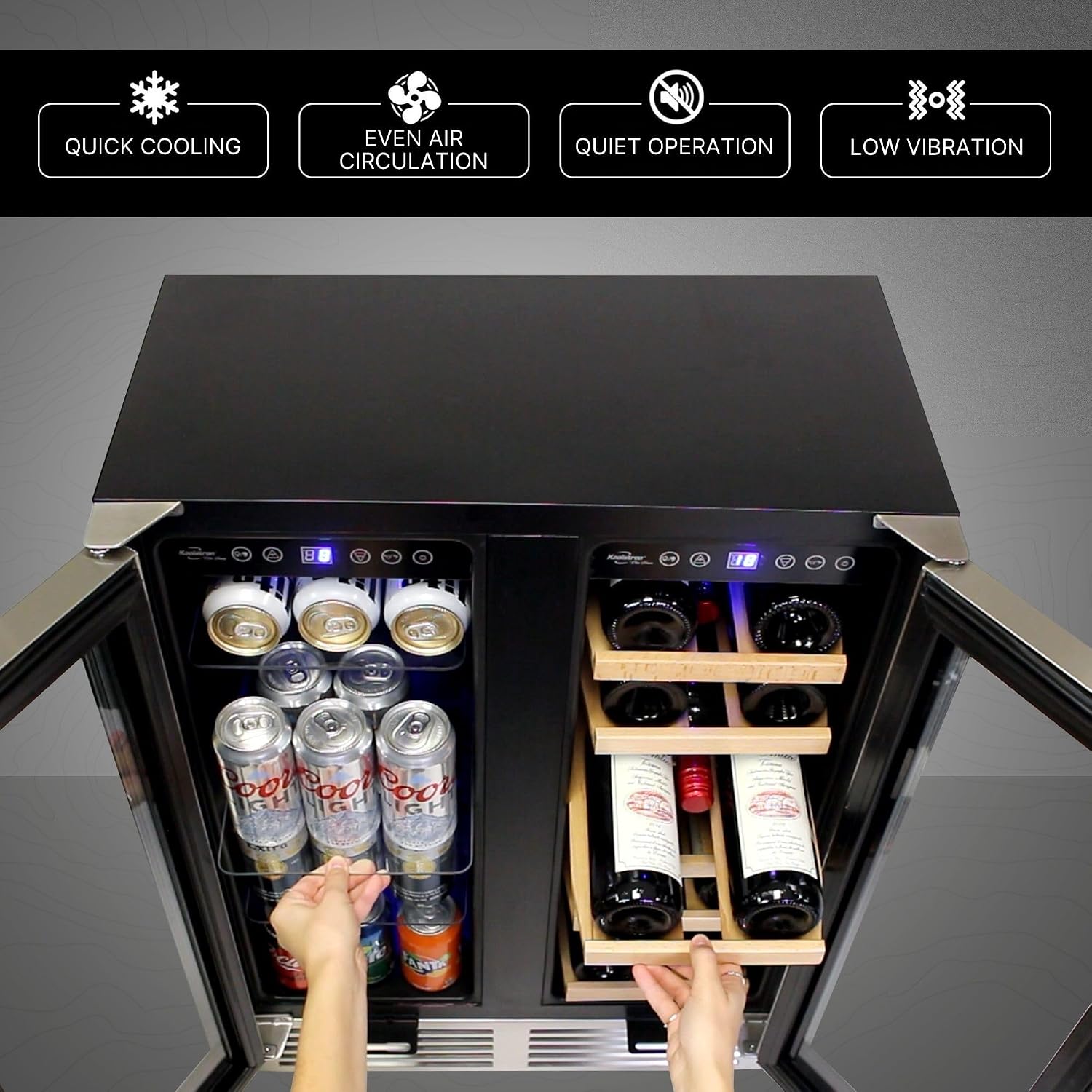 Koolatron Dual Zone Wine Fridge and Wine Cooler, 56 cans & 18 bottles (24 Inch), Built-In or Freestanding Compressor Under Counter Wine Refrigerator, Independent Temperature Control with French Doors