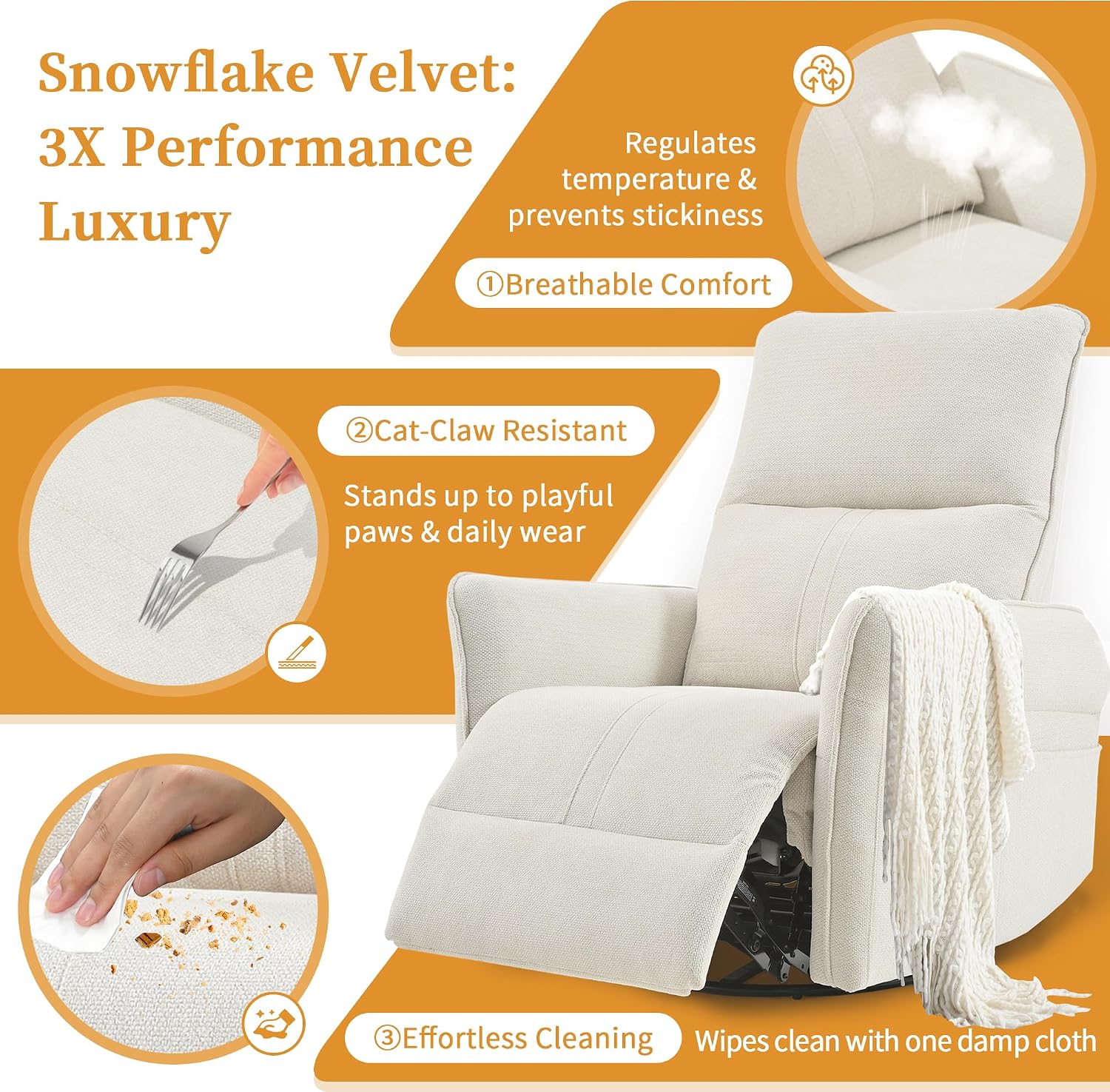 Glider Chair Swivel Rocker Recliner for Nursery, 360° Swivel Snowflake Velvet Manual Rocking Chair for Living Room, Bedroom, Small Spaces