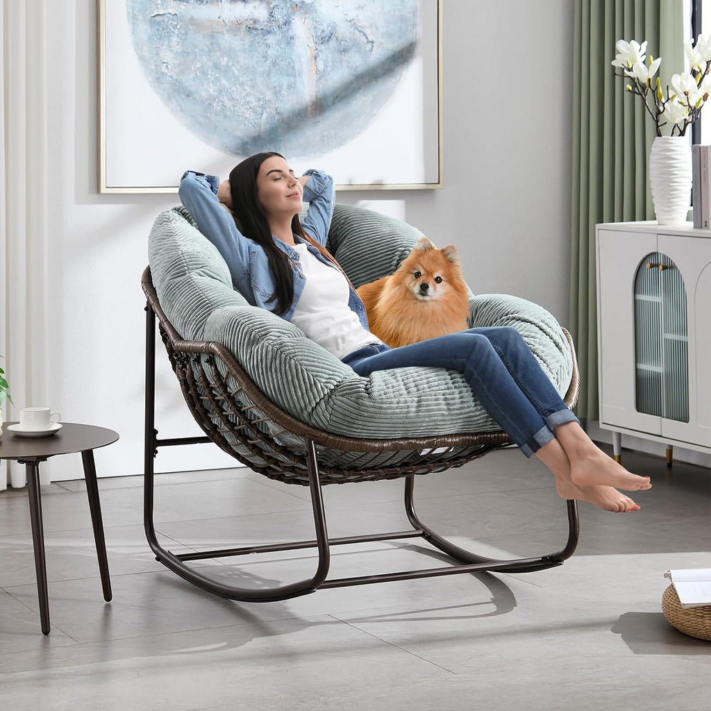 Deolme Large Papasan Rocking Chair Set of 2 with Cushion, Oversized Comfy Reading Chair Lounging Indoor Outdoor Rocker for Front Porch Backyard Bedroom Living Room Egg Chair Rattan (Green Teddy)