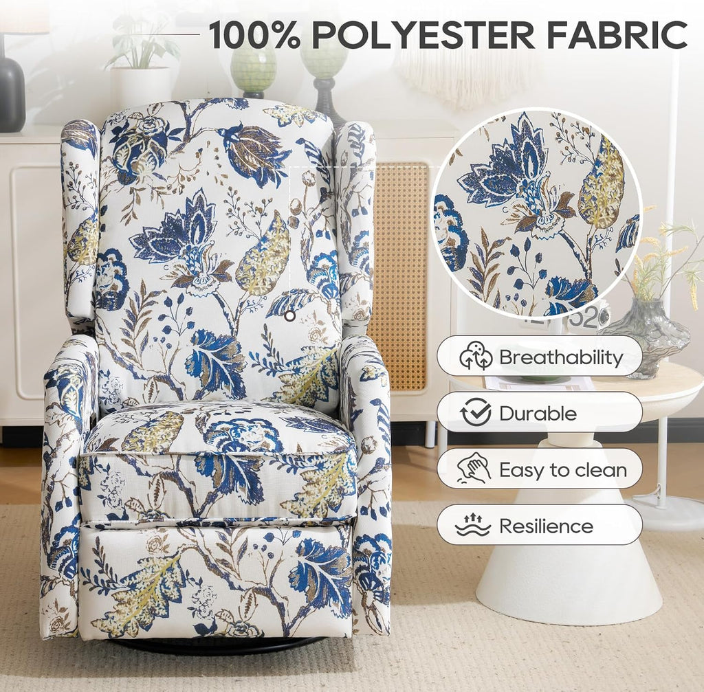 Swivel Rocker Recliner,Wingback Recliner Chair,Floral Accent Chair Fabric Chair with High Back,Padded Seat for Living Room,Bedroom, Home Office (Blue)