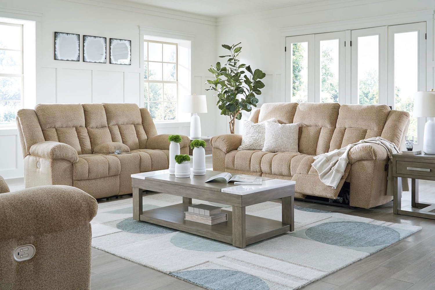 Signature Design by Ashley Tip-Off Classic Wall Hugger Power Reclining Loveseat with Adjustable Headrest, USB Ports, Storage and Cup Holders, Light Brown