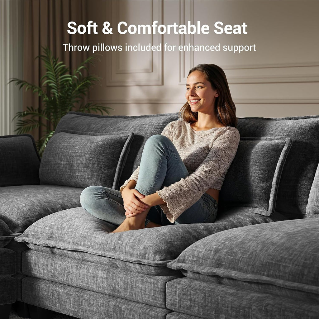 Pipishell 110.6' Modular Sectional Sofa, U Shaped Cloud Couch with Movable Ottoman, 5-Seat Chenille Deep Seat Cloud Modular Sectional Sofa with Throw Pillows for Living Room & Apartment, Grey