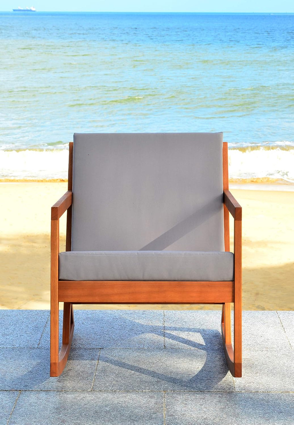 SAFAVIEH Outdoor - Vernon Rocking Chair - Natural & Grey - Solid Wood with Cushion - Shaker-Inspired Slatted Design - Ideal for Patio, Deck, Porch, Backyard, 24.6' Seat Height (PAT7013D)