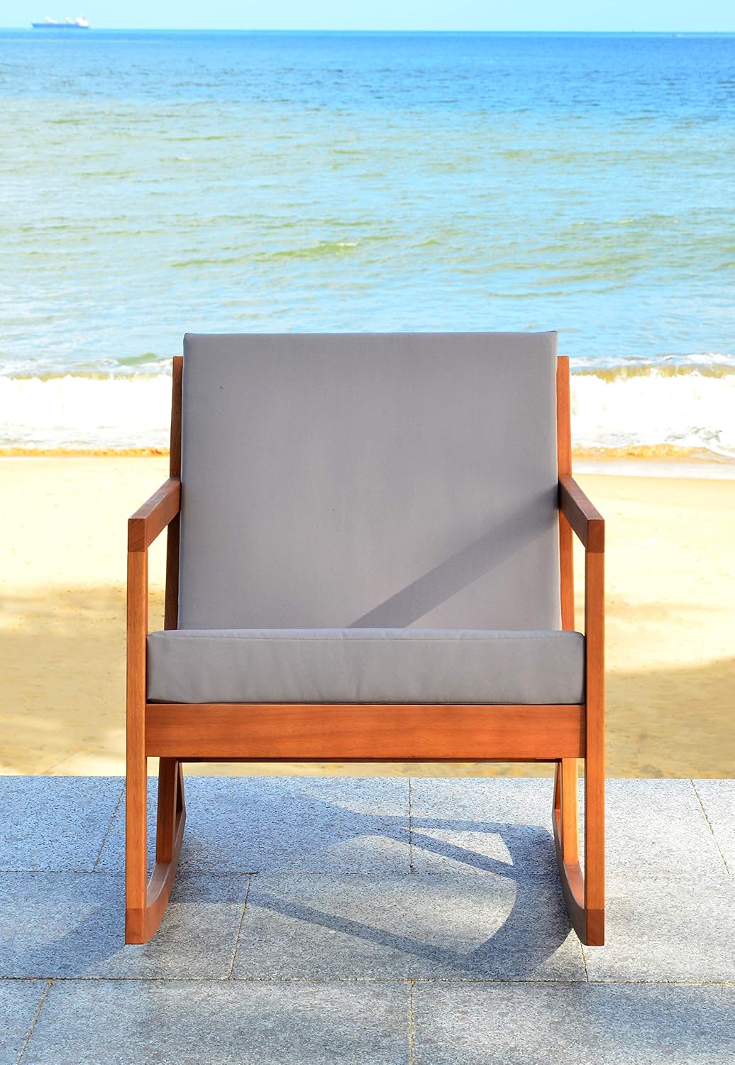SAFAVIEH Outdoor - Vernon Rocking Chair - Natural & Grey - Solid Wood with Cushion - Shaker-Inspired Slatted Design - Ideal for Patio, Deck, Porch, Backyard, 24.6' Seat Height (PAT7013D)