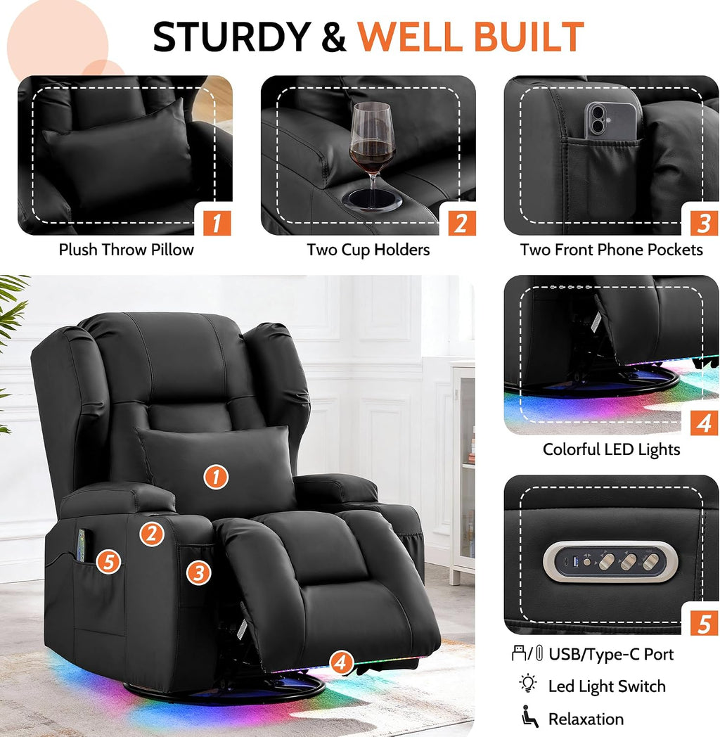 BINGTOO Dual Motor Power Swivel Rocker Recliner Chair with Massage & Heat, Electric Wall Hugger Glider Chair for Adults, Nursery with LED Lights, USB-C Ports & Cup Holders, Faux Leather Black, 1 Chair