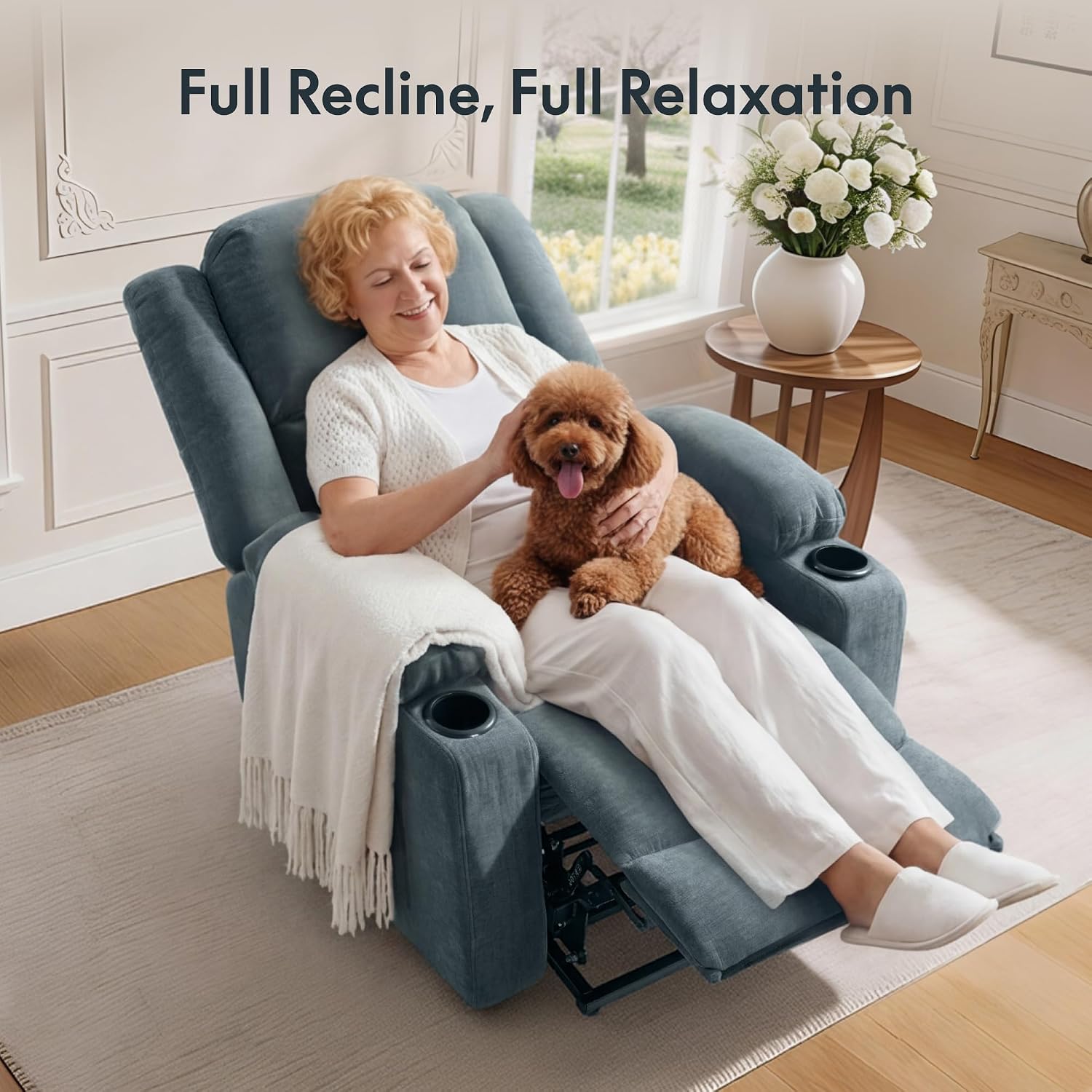 FLEXISPOT XL31 Power Lift Recliner Chair for Elderly, Electric Lift Chair with Massage & Heat, Fabric Reclining Sofa w/USB & Type-C Charging for Living Room Bedroom(Medium Size, Denim Blue)