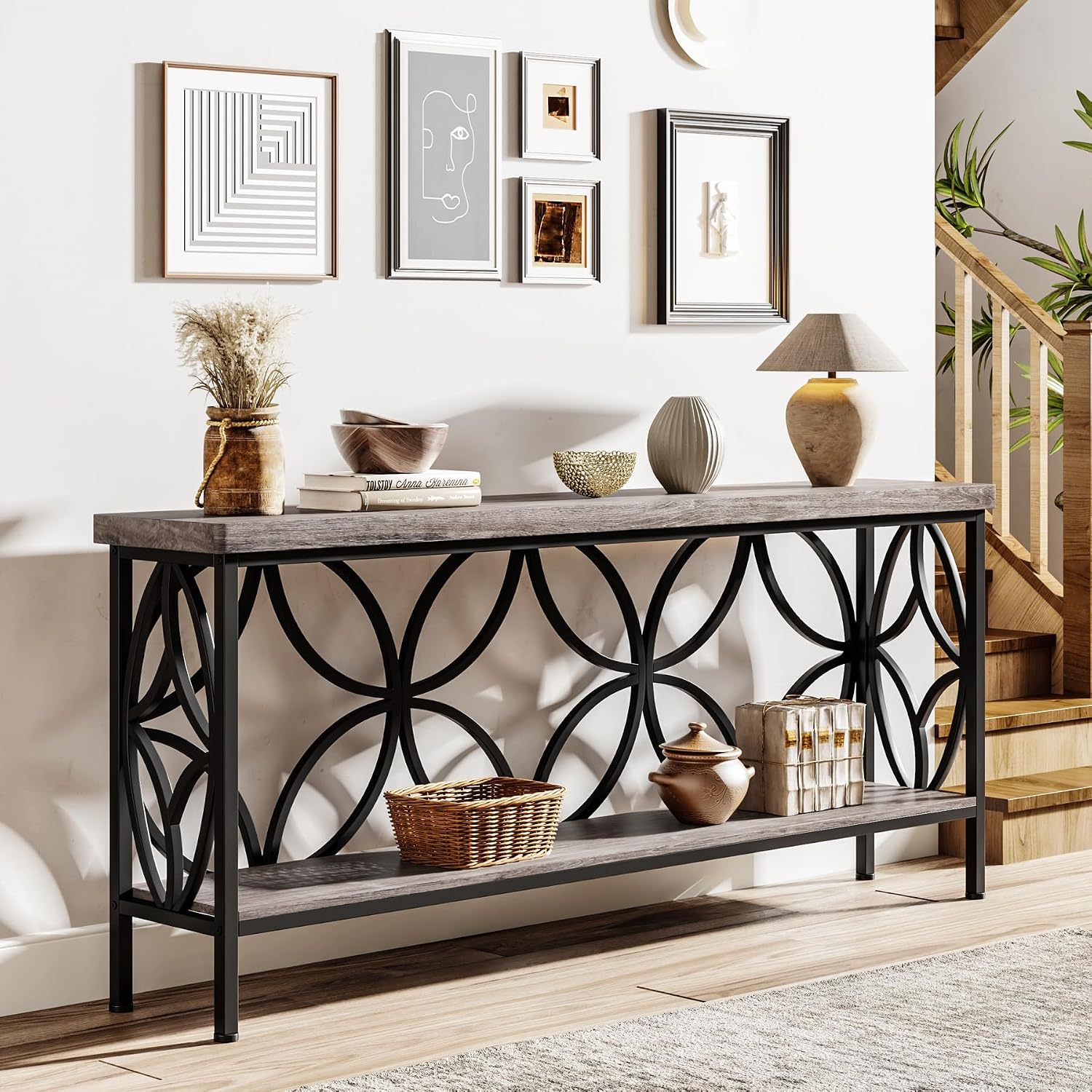 LITTLE TREE Sofa Table, 70.9 Inch Industrial Behind Couch Table with Storage Shelves, Narrow Long Console Table for Entryway, Living Room, Foyer, Hallway, Office