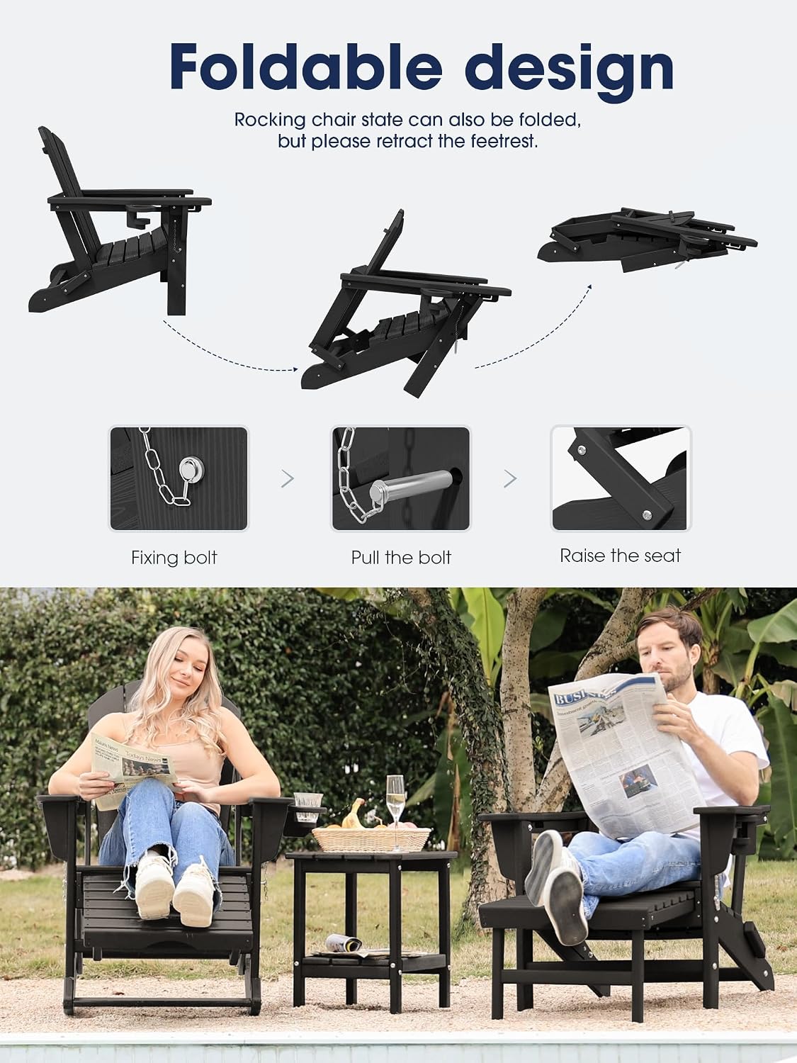 KINGYES Adirondack Rocking Chair Set of 2 with Retractable Ottoman and Cup Holders, HDPE Adirondack Rocker Patio Rocking Chair for Porch, Patio, Balcony, Black