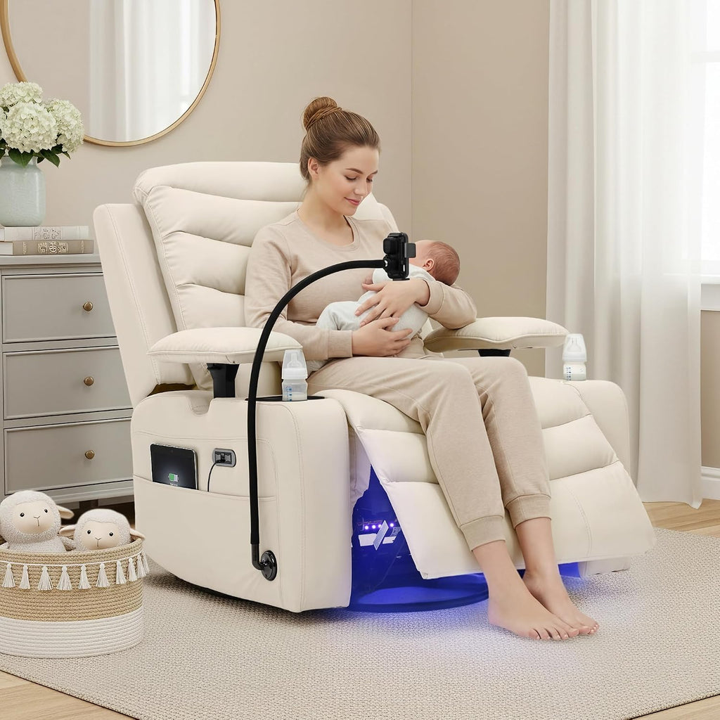 Olela Power Glider Recliner Nursery Chair, Oversized Leather Swivel Rocking Chair with Electric Lumbar Support, USB Charging, Smart Cup Holder, Light, Adjustable Armrest, Wireless Phone Charger Holder