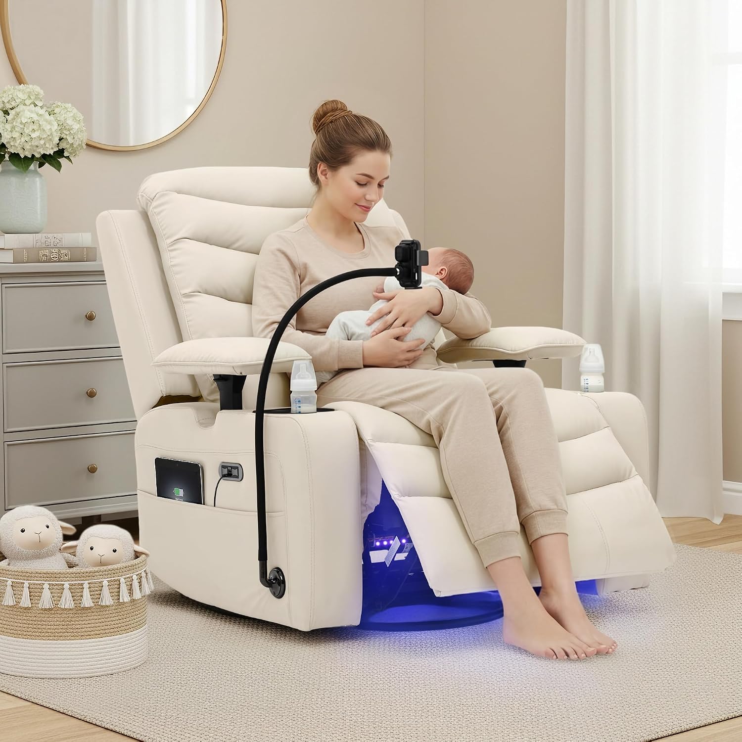 Olela Power Glider Recliner Nursery Chair, Oversized Leather Swivel Rocking Chair with Electric Lumbar Support, USB Charging, Smart Cup Holder, Light, Adjustable Armrest, Wireless Phone Charger Holder