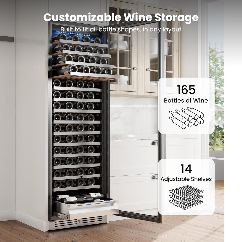 Yeego 24 Inch Wine Cooler Fridge – Wine Refrigerator 40°F-65°F, 304 Stainless Steel Glass Door Lock, Temperature Memory Blue & White LED Built-in Fridge with Adjustable Shelves (165 Bottle)
