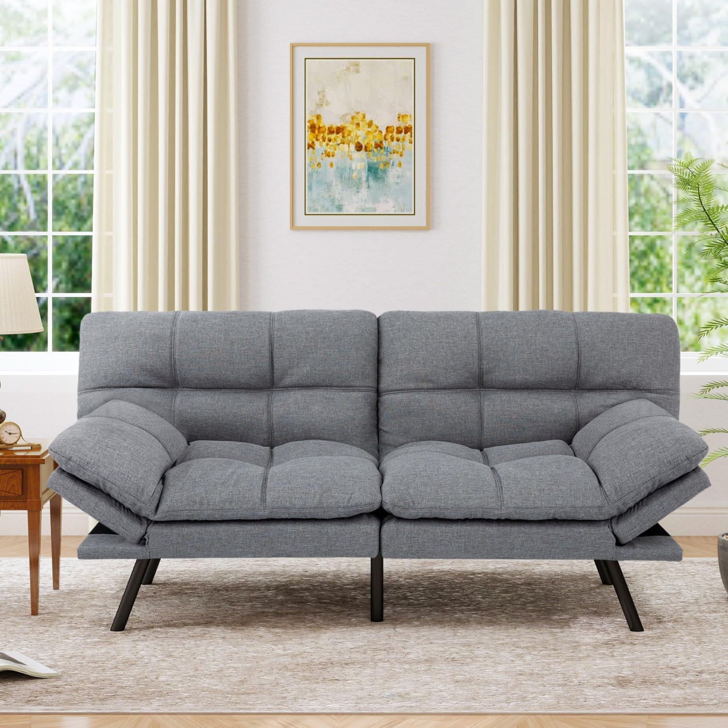 MUUEGM 71' Futon Sofa Bed, Cozy Convertible Loveseat Sleeper, Linen Fabric Couch with Adjustable Back & Arms for Living Room, Guest Room - Ash Gray