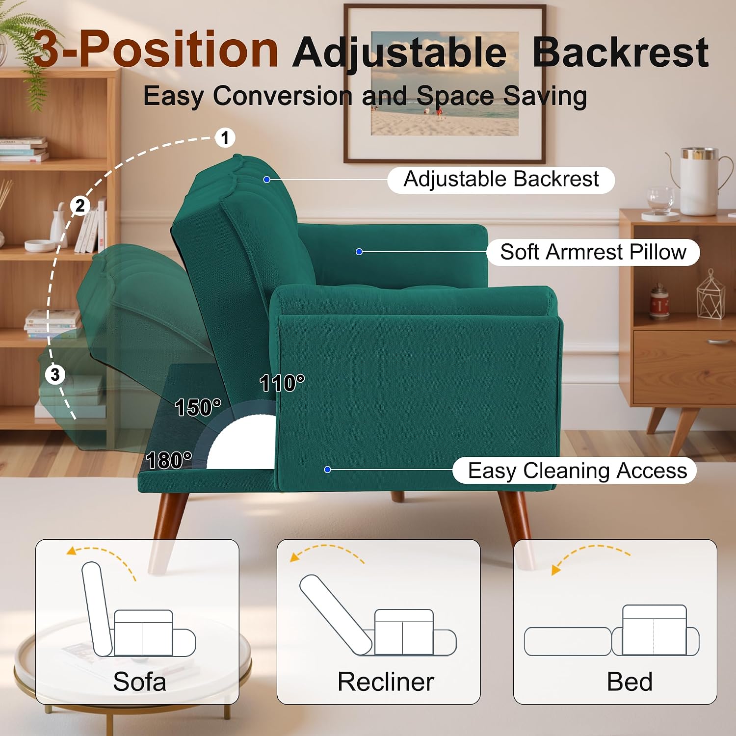 Convertible Futon Couch Bed, Sleeper Sofa Bed with Adjustable Backrests, Linen Loveseat Sofa 3 Seater Comfy Couch for Small Spaces, Living Room, Bedroom(Green, 75')