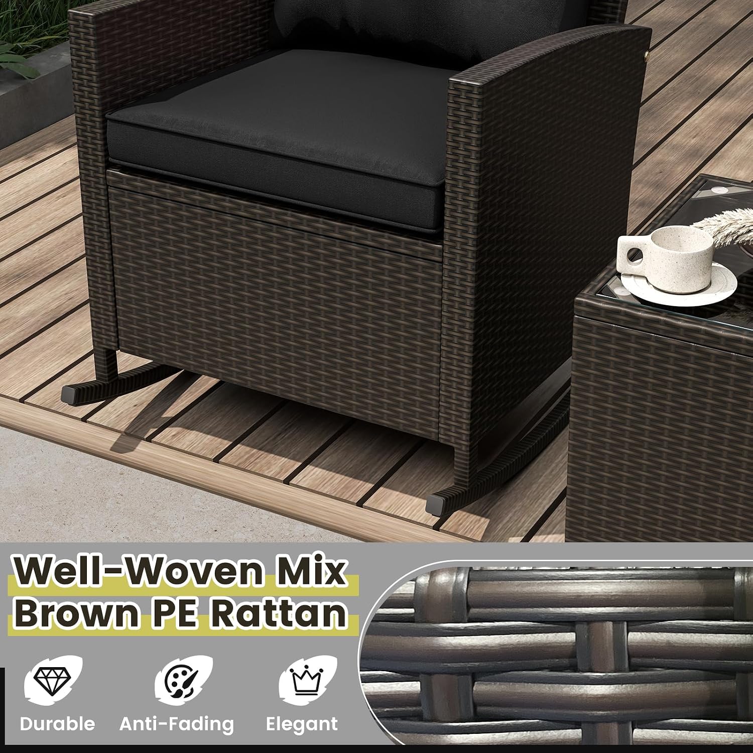Tangkula 3 Piece Wicker Rocking Set, Patio Rattan Roker Chairs with Tempered Glass Table & Soft Cushions, Outdoor Furniture Set for Backyard, Poolside Porch (Black)