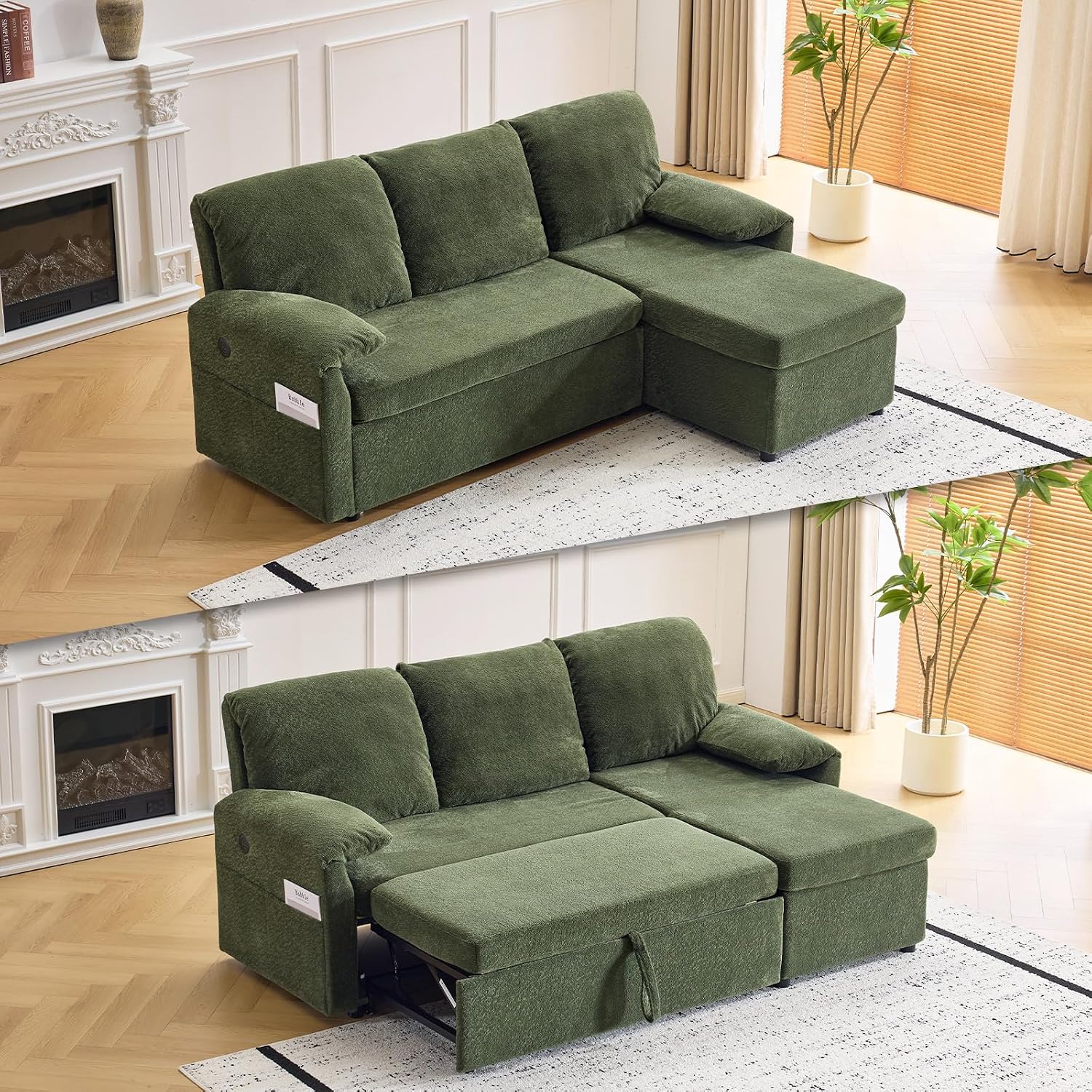 VINGLI Convertible Sofa Bed Couches for Living Room, Sleeper Sofa with Pull Out Couch Bed, Cloud-Like Plush Fleece L-Shape Sectional Couch with Storage Chaise, USB Charging, Side Pockets (Green)