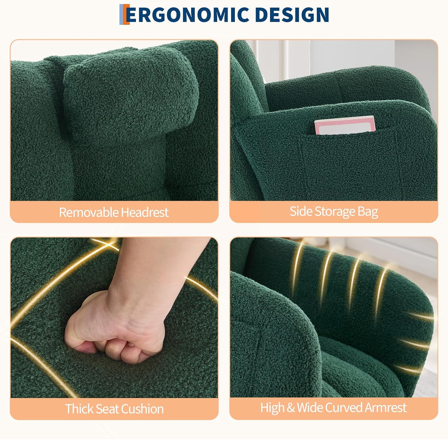 Nursery Rocking Chair - Teddy Upholstered Glider Rocker for Adults, Wood Legs, Two Side Pockets, Padded Seat, High Backrest, Glider Chair for Living Room, Bedroom, Small Spaces - Dark Green