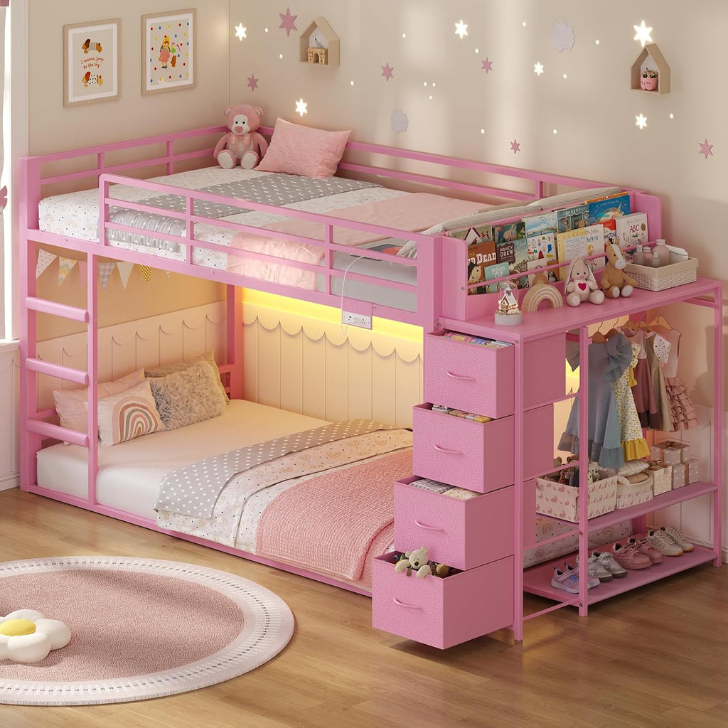 ADORNEVE Low Bunk Bed Twin Over Twin with Bookshelf, 4 Storage Drawers, Metal Kids Bunk Bed with Charging Station & RGB Lights, Clothing Rack & Shelves, Safety Guardrail & Ladder, for Girls, Pink