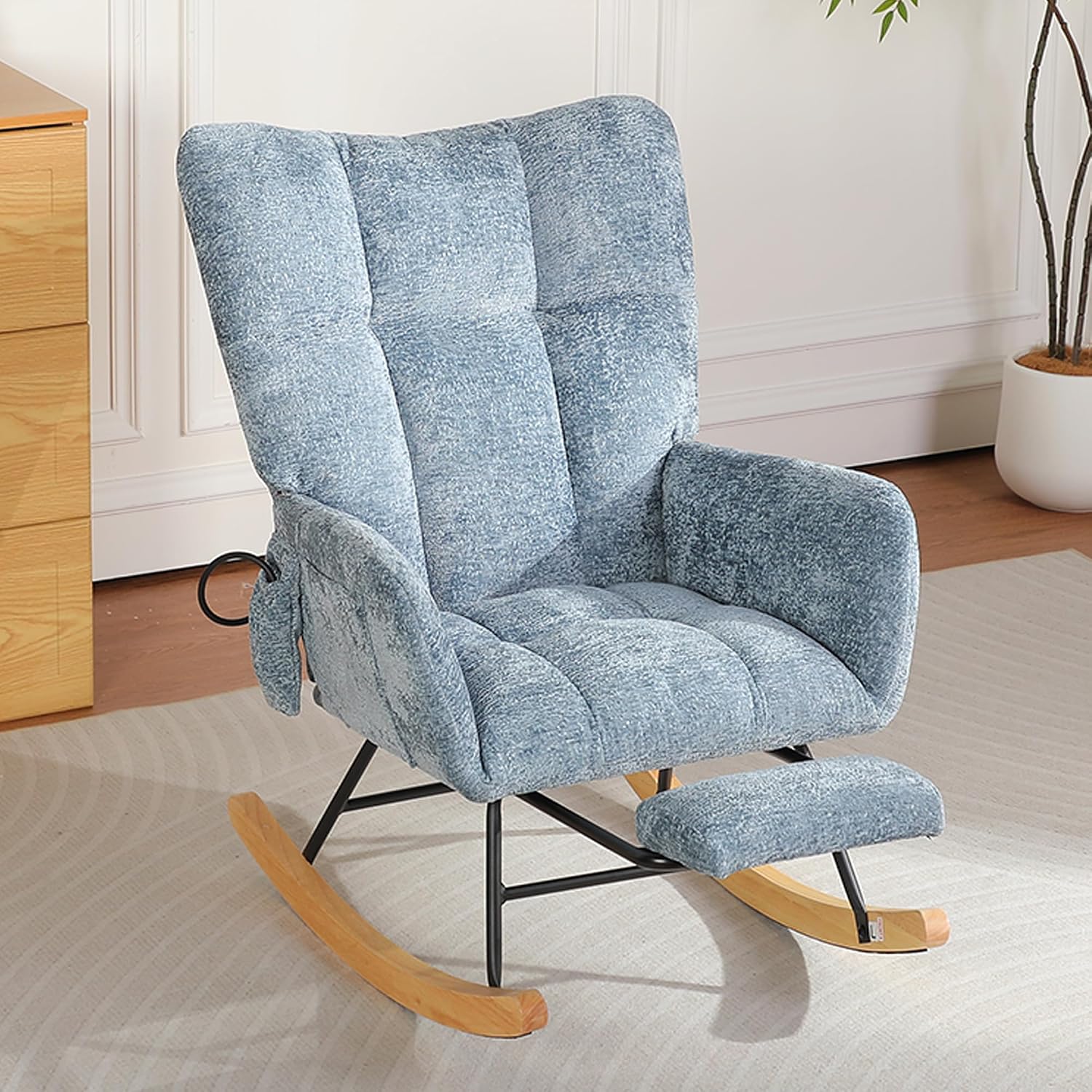 Rocking Chair Nursery with Airbag, Comfy Modern Nursery Rocking Reading Chair Indoor with Footrest, Cozy Upholstered Glider Rocker Chairs for Living Room Bedroom Offices(Chenille, Blue)