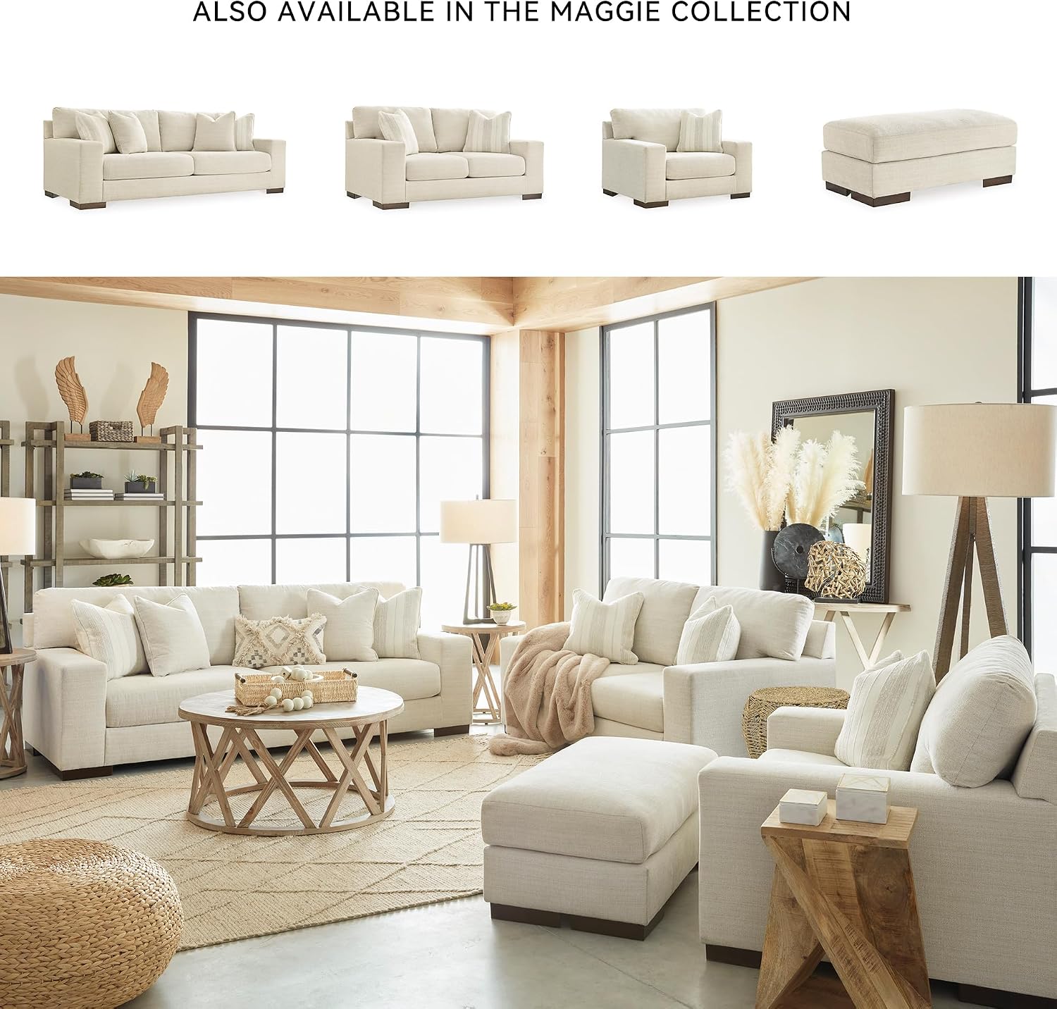 Signature Design by Ashley Maggie Contemporary Upholstered Sofa with Accent Pillows, Off-White