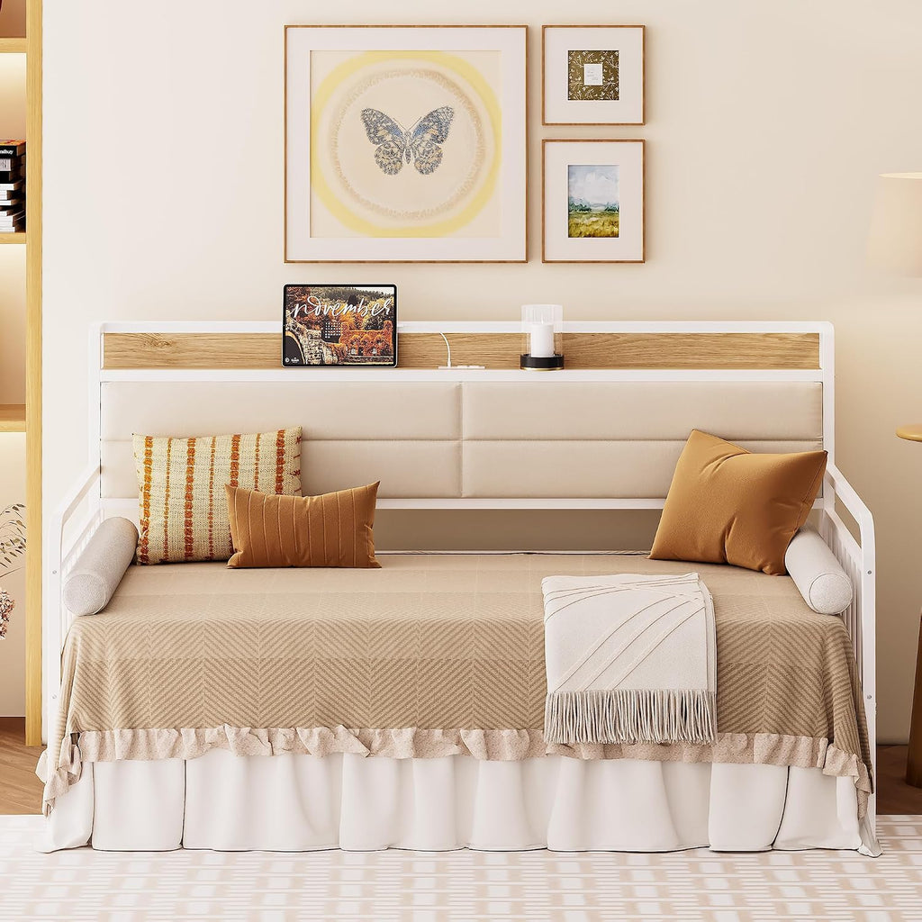 LIKIMIO Daybed with Trundle, Sturdy Metal Twin XL Size Bed Frame with Upholstered Headboard and Charging Station for Living Room, Bedroom and Guest Room, White
