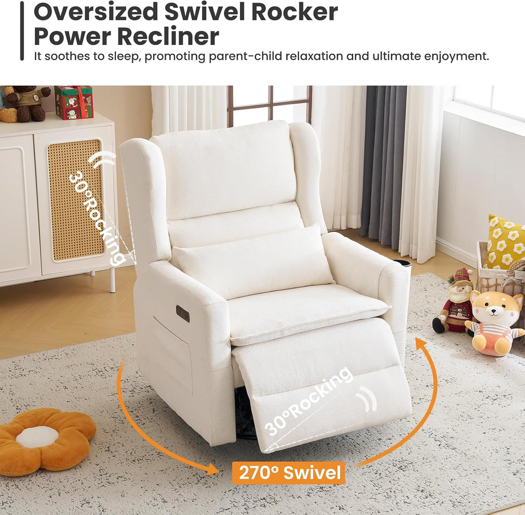 Oversized Swivel Rocker Recliner with Lumbar Cushion,Power Recliner Nursery Chair with Adjustable Headrest,Nursery Glider Recliner for Living Room,White