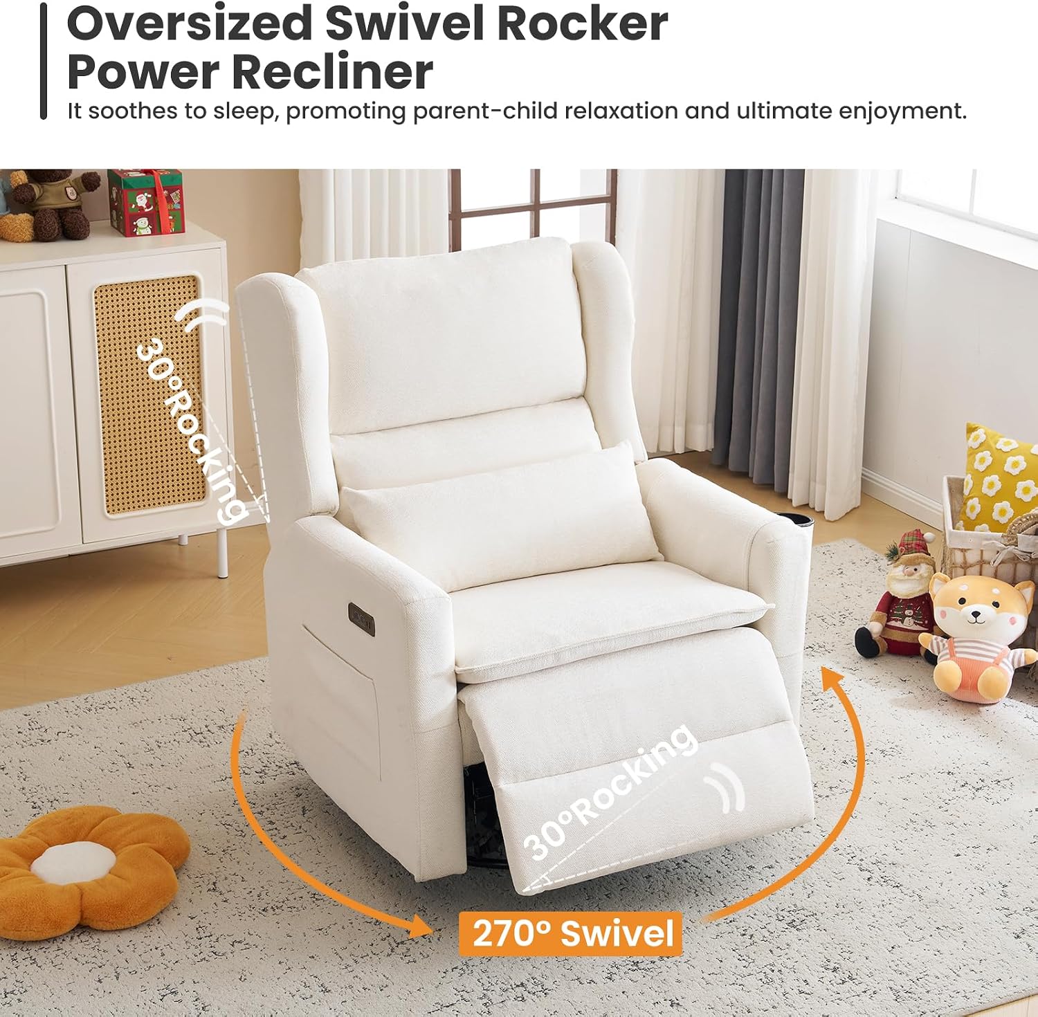 Oversized Swivel Rocker Recliner with Lumbar Cushion,Power Recliner Nursery Chair with Adjustable Headrest,Nursery Glider Recliner for Living Room,White