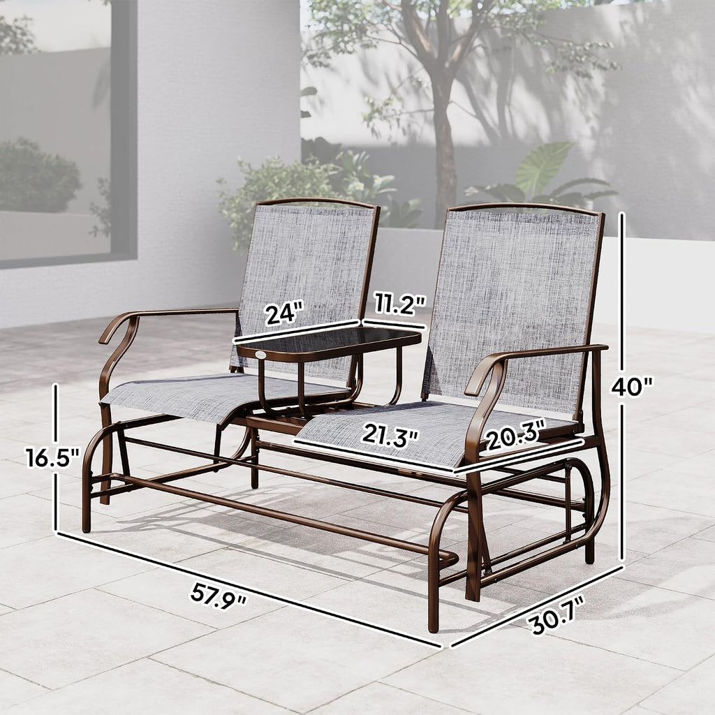 Outsunny Outdoor Glider Bench with Center Table, Metal Frame Patio Loveseat with Breathable Mesh Fabric and Armrests for Backyard Garden Porch, Gray