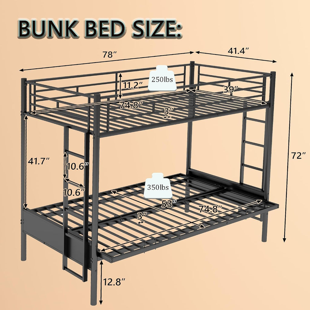 Anwick Twin-Over-Futon Convertible Couch and Bed, Metal Futon Bunk Bed with Guardrails and Ladder, Sturdy Steel Foldable Sofa-Bed for Kids Adults Teens (Twin Over Full Metal Bunk Bed, Twin)