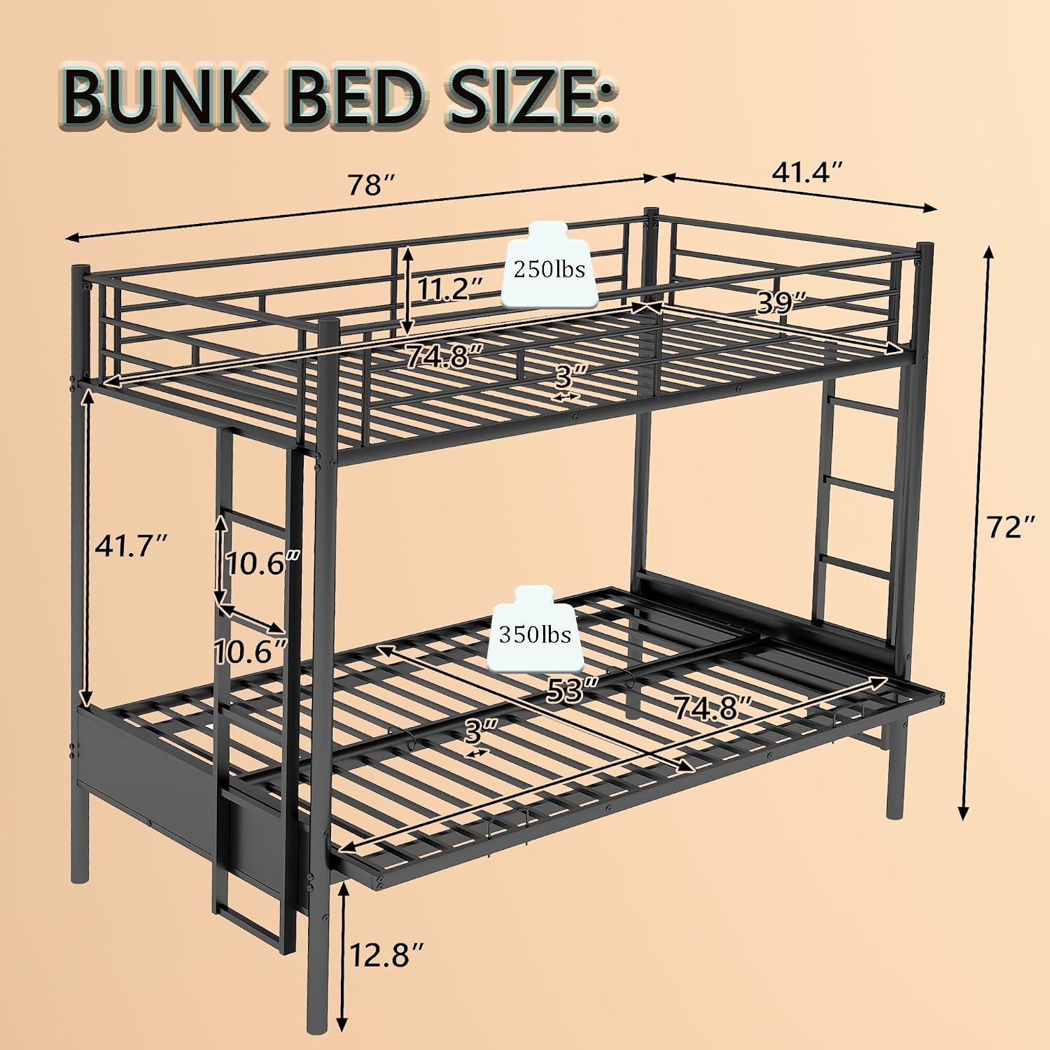 Anwick Twin-Over-Futon Convertible Couch and Bed, Metal Futon Bunk Bed with Guardrails and Ladder, Sturdy Steel Foldable Sofa-Bed for Kids Adults Teens (Twin Over Full Metal Bunk Bed, Twin)
