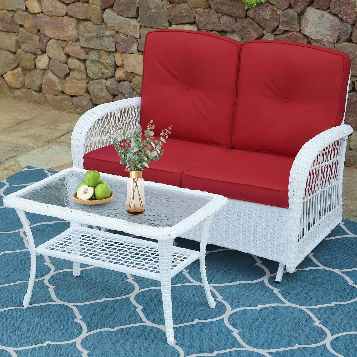 VIVIJASON 2-Piece Patio White Wicker Loveseat Glider Set Cushioned, Outdoor Conversation Furniture Sets with 2-Seater Glider Rocking Bench, Coffee Table and Cushions for Porch Garden Poolside, Red