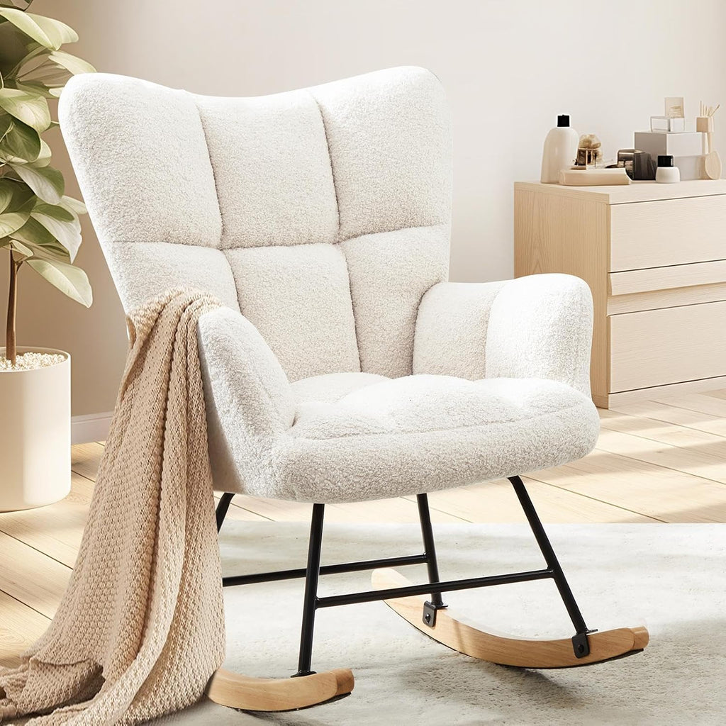 YSSOA Rocking Chair Nursery Teddy - Upholstered Comfy Glider Rocker with High Back Armchair, Cozy Reading Recliner Fluffy Comfortable Chair for Bedroom, Baby Room, Living Room and Study, Beige