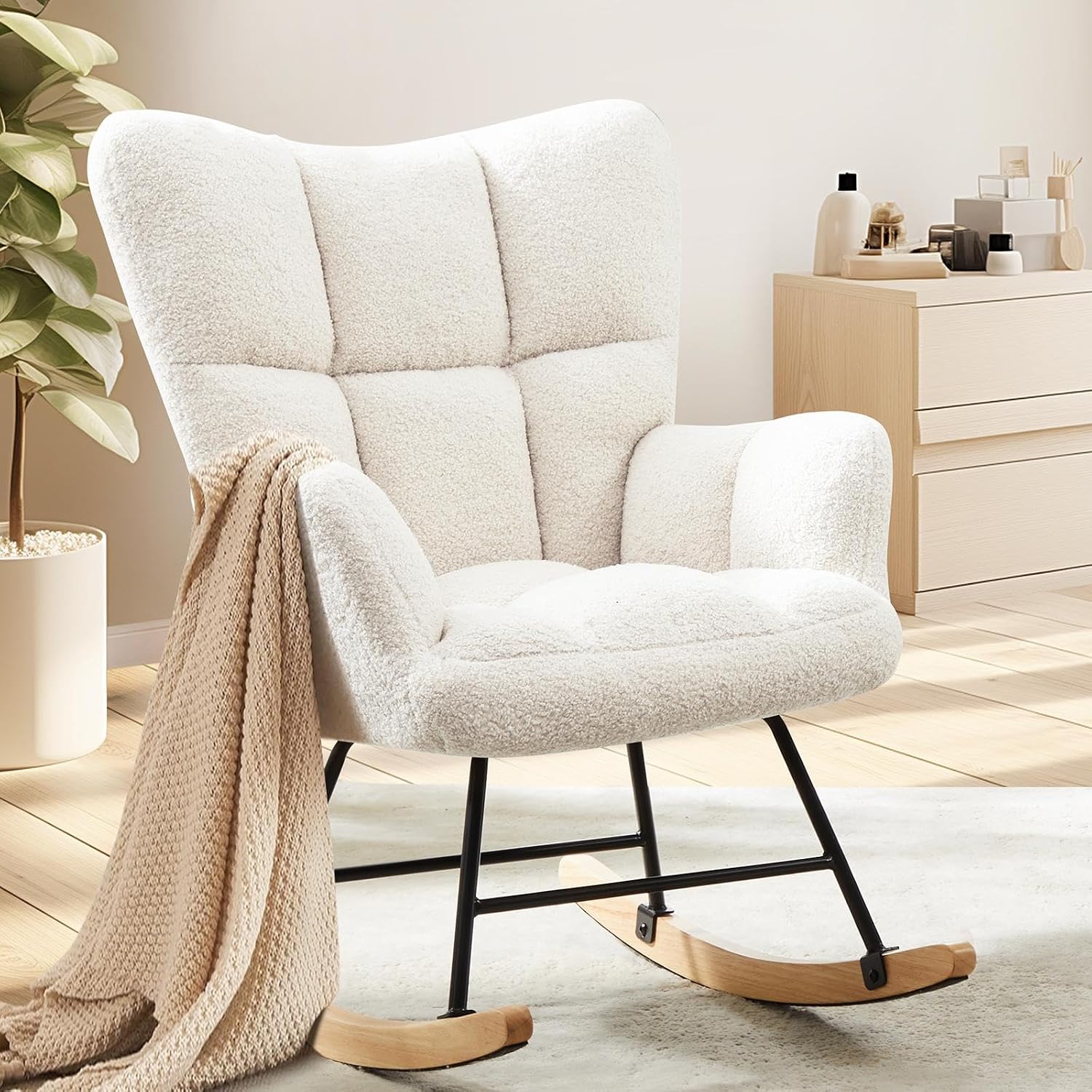 YSSOA Rocking Chair Nursery Teddy - Upholstered Comfy Glider Rocker with High Back Armchair, Cozy Reading Recliner Fluffy Comfortable Chair for Bedroom, Baby Room, Living Room and Study, Beige