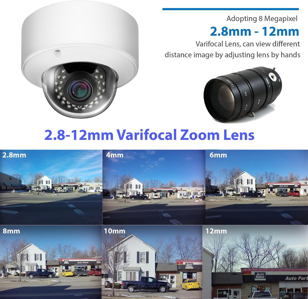 GW Security 8 Channel 8-Megapixel 4K (3840x2160) NVR with (8) UltraHD 4K 8MP 2.8~12mm Varifocal Zoom H.265+ Outdoor/Indoor Waterproof Microphone Audio&Video PoE IP Smart AI Dome Cameras