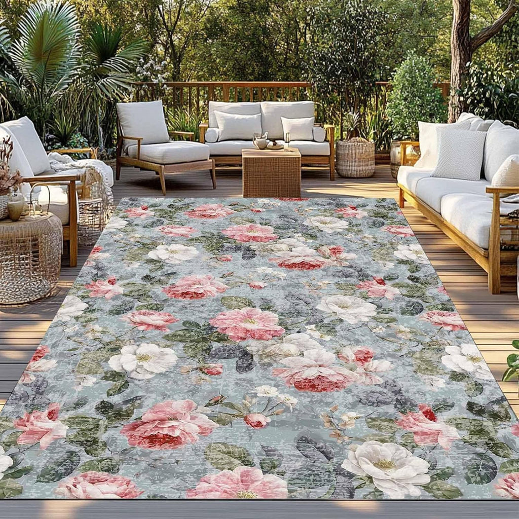 Vintage Spring Floral Outdoor Rug for Patio/Deck/Porch, Non-Slip Large Area Rug 5 x 8 Ft, Summer Botanical Watercolor Indoor Outdoor Rugs Washable Area Rugs, Reversible Camping Rug Carpet Runner
