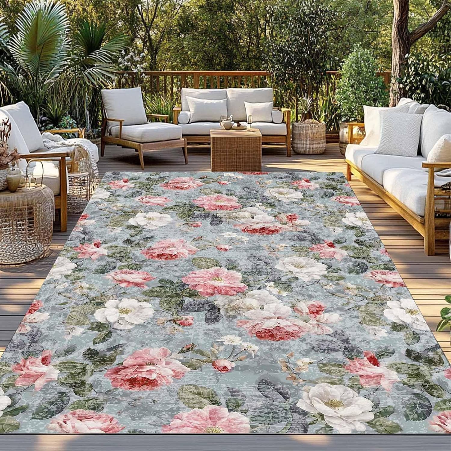 Vintage Spring Floral Outdoor Rug for Patio/Deck/Porch, Non-Slip Large Area Rug 5 x 8 Ft, Summer Botanical Watercolor Indoor Outdoor Rugs Washable Area Rugs, Reversible Camping Rug Carpet Runner