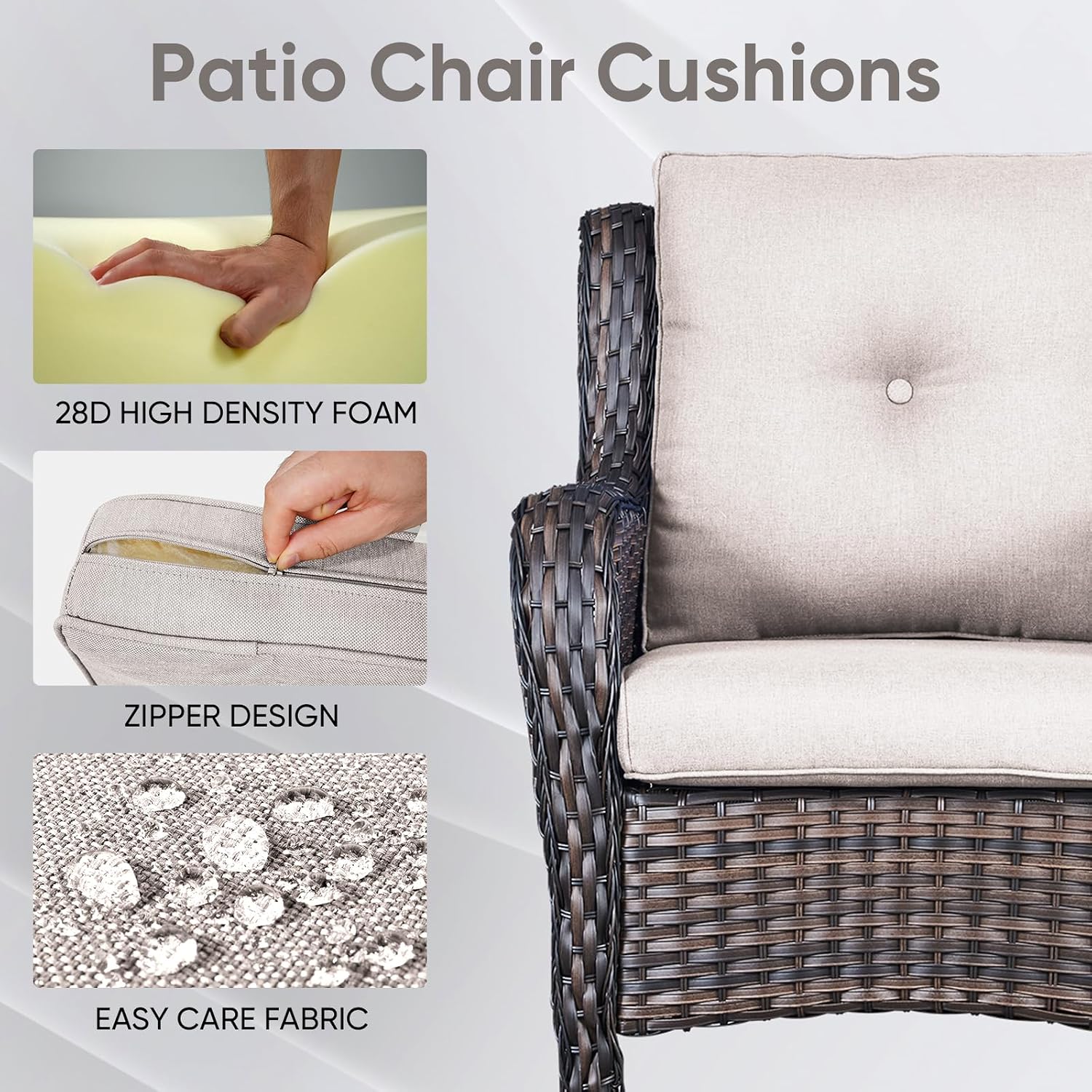 Outdoor Chair Cushions 3 Packs - Outside High Back Thick Water-Resistant Cushion 22x24 with Zipper Cover for Patio Glider Rocking Chairs Loveseat Couch – Beige/Buckle