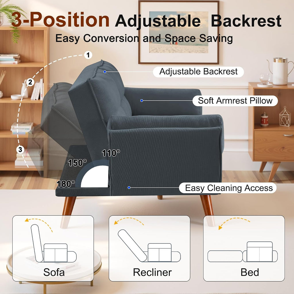 Convertible Futon Sofa Bed, Sleeper Sofa Bed with Adjustable Backrests, Linen Loveseat Sofa Small Couches for Small Spaces, Living Room, Bedroom (Dark Gray)