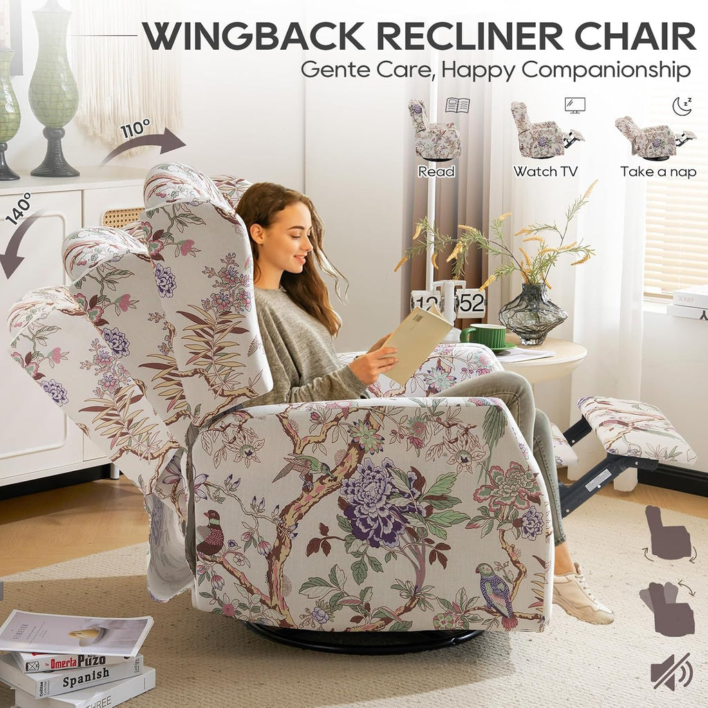 Floral Accent Swivel Rocker Recliner, Wingback Recliner Chair with Padded Seat, High Back Upholstered Armchair for Living Room, Bedroom, Home Ofiice (Bird Floral x 2)