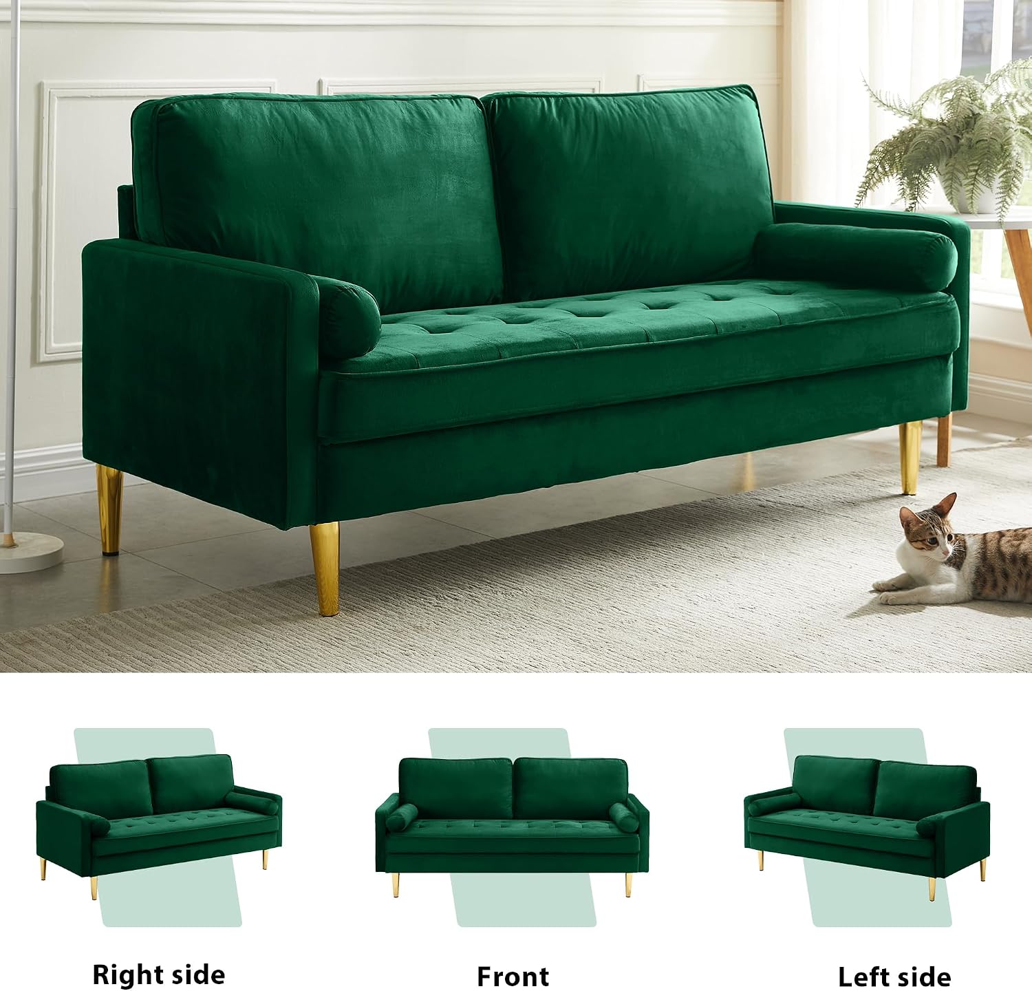 67' Modern Velvet Loveseat Sofa Couch, Mid-Century Tufted Upholstered Small Love Seat Couch with 2 Pillows & 4 Golden Legs, 2-Seats Couches for Compact Space, Living Room, Apartment (Emerald)