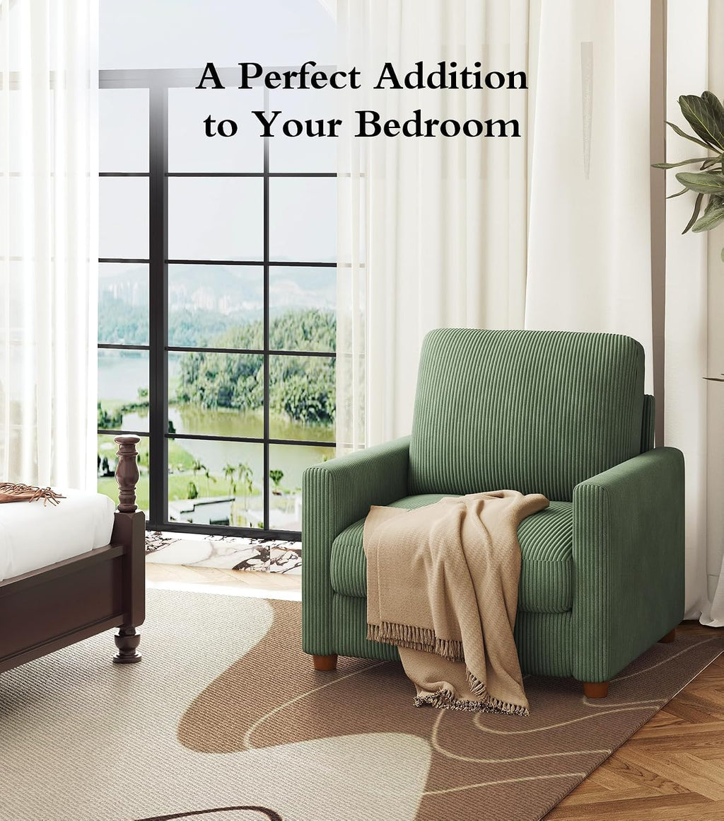 Kidirect 35.5in Corduroy Sofa Accent Chair, Tool-Free Setup Living Room Couch Accent Chairs, Reading Chair for Bedroom 22.5in Extra Deep Seats, Comfy Arm Chairs for Office, All-Wood Reading Nook Green