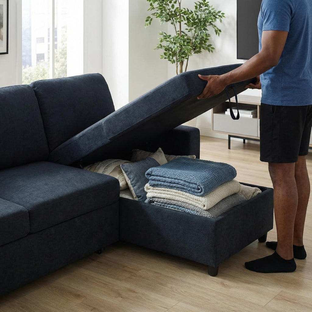 Queen Sleeper Sofa, 83 Inch Convertible Sofa Bed with Storage, Modular Sectional Couch with Pull Out Bed, L Shaped 3 Seat Sectional Sleeper Sofa for Living Room, Apartment, Black