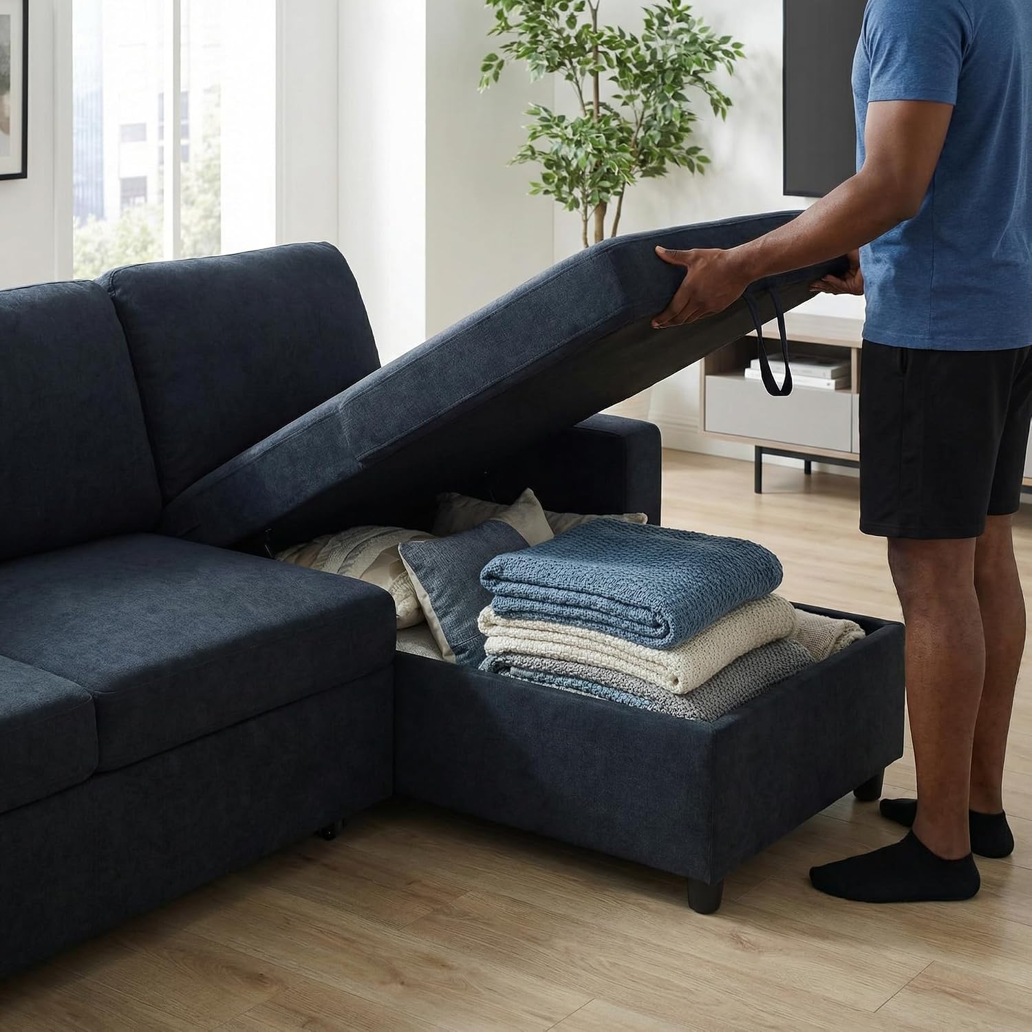 Queen Sleeper Sofa, 83 Inch Convertible Sofa Bed with Storage, Modular Sectional Couch with Pull Out Bed, L Shaped 3 Seat Sectional Sleeper Sofa for Living Room, Apartment, Black