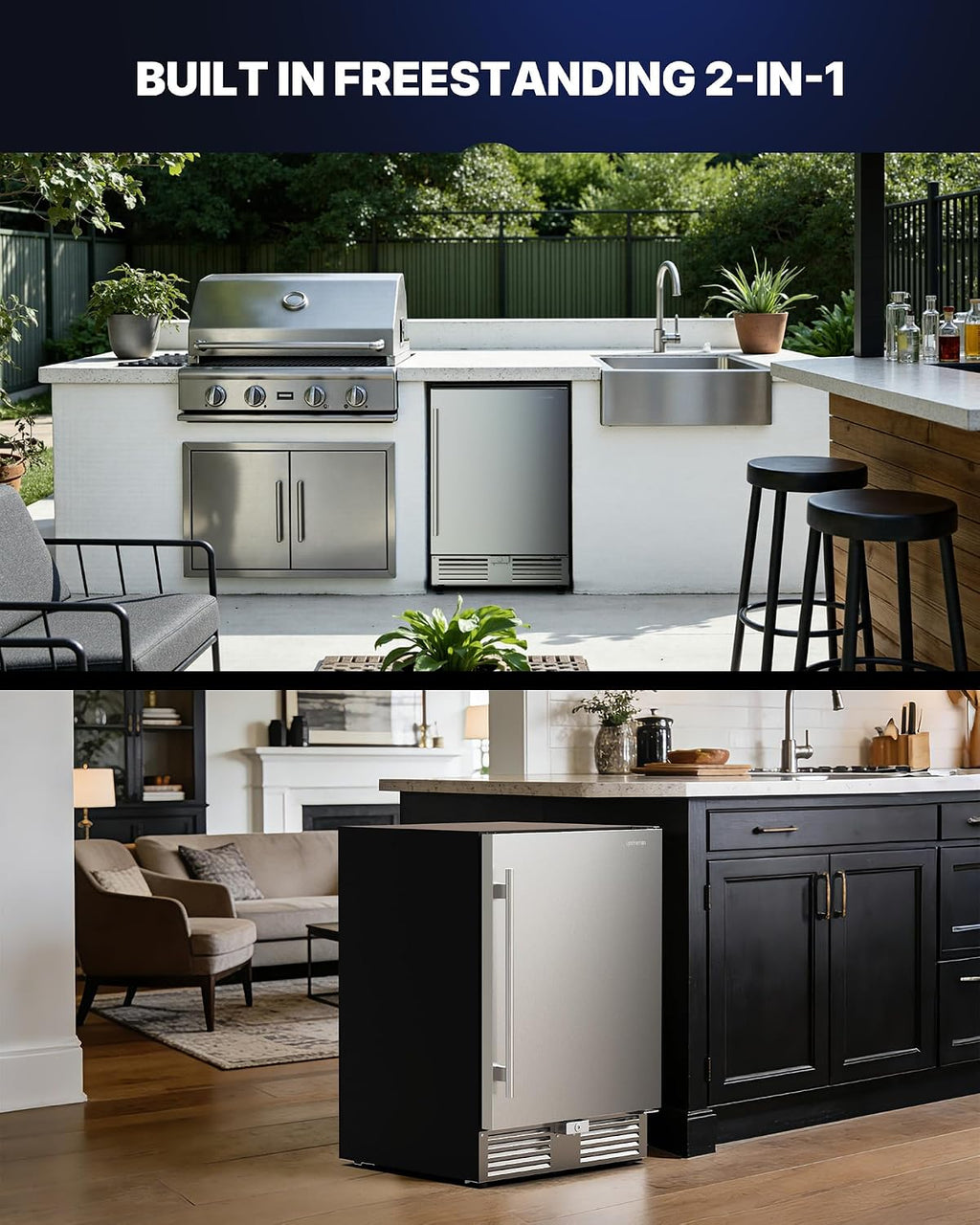 Upstreman 24 Inch Outdoor Refrigerator, 170 Can Under Counter Refrigerator with Stainless Steel Door, Weatherproof, LED Light, Beverage Fridge for Home, Patio or Commercial Use-BR50