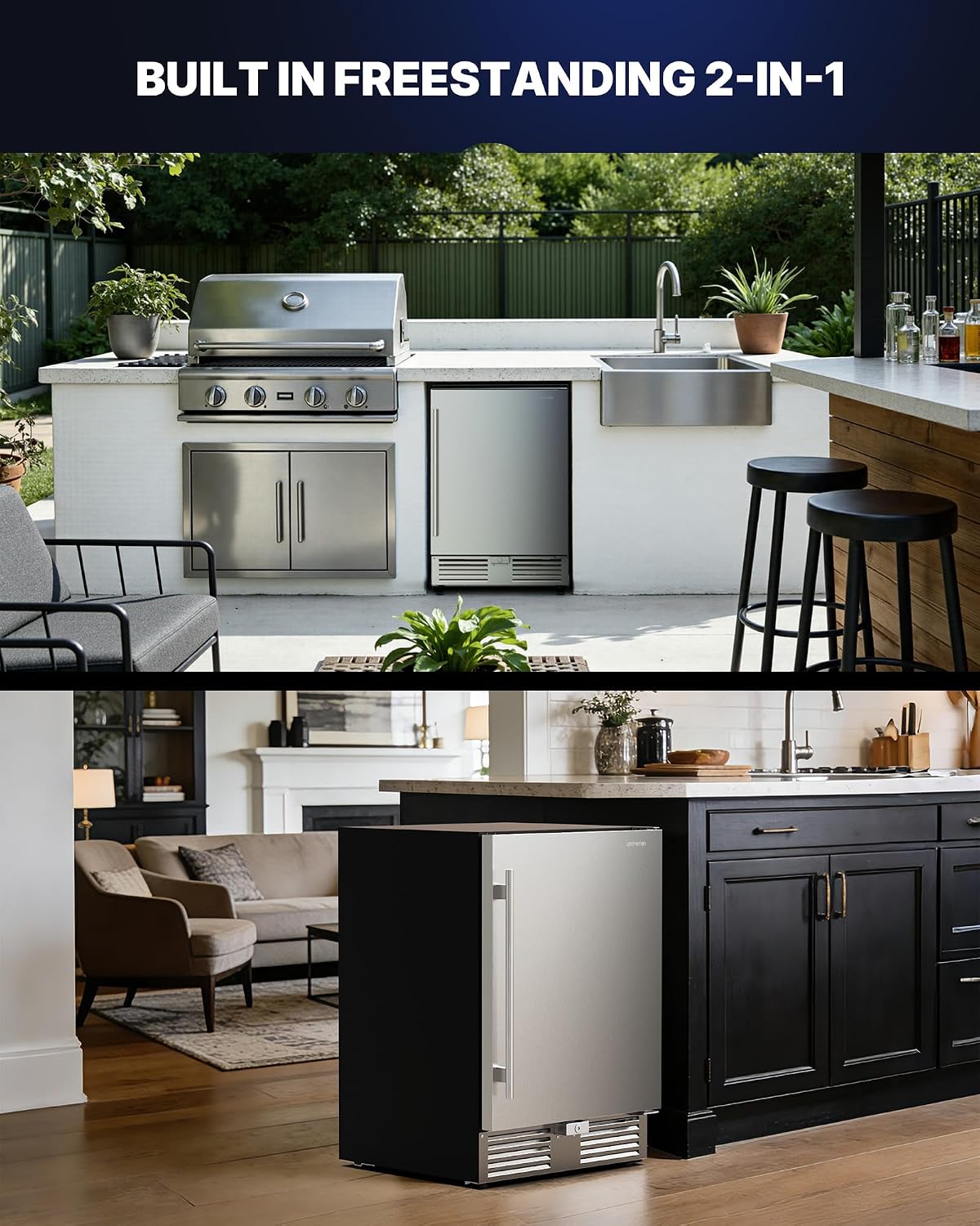 Upstreman 24 Inch Outdoor Refrigerator, 170 Can Under Counter Refrigerator with Stainless Steel Door, Weatherproof, LED Light, Beverage Fridge for Home, Patio or Commercial Use-BR50