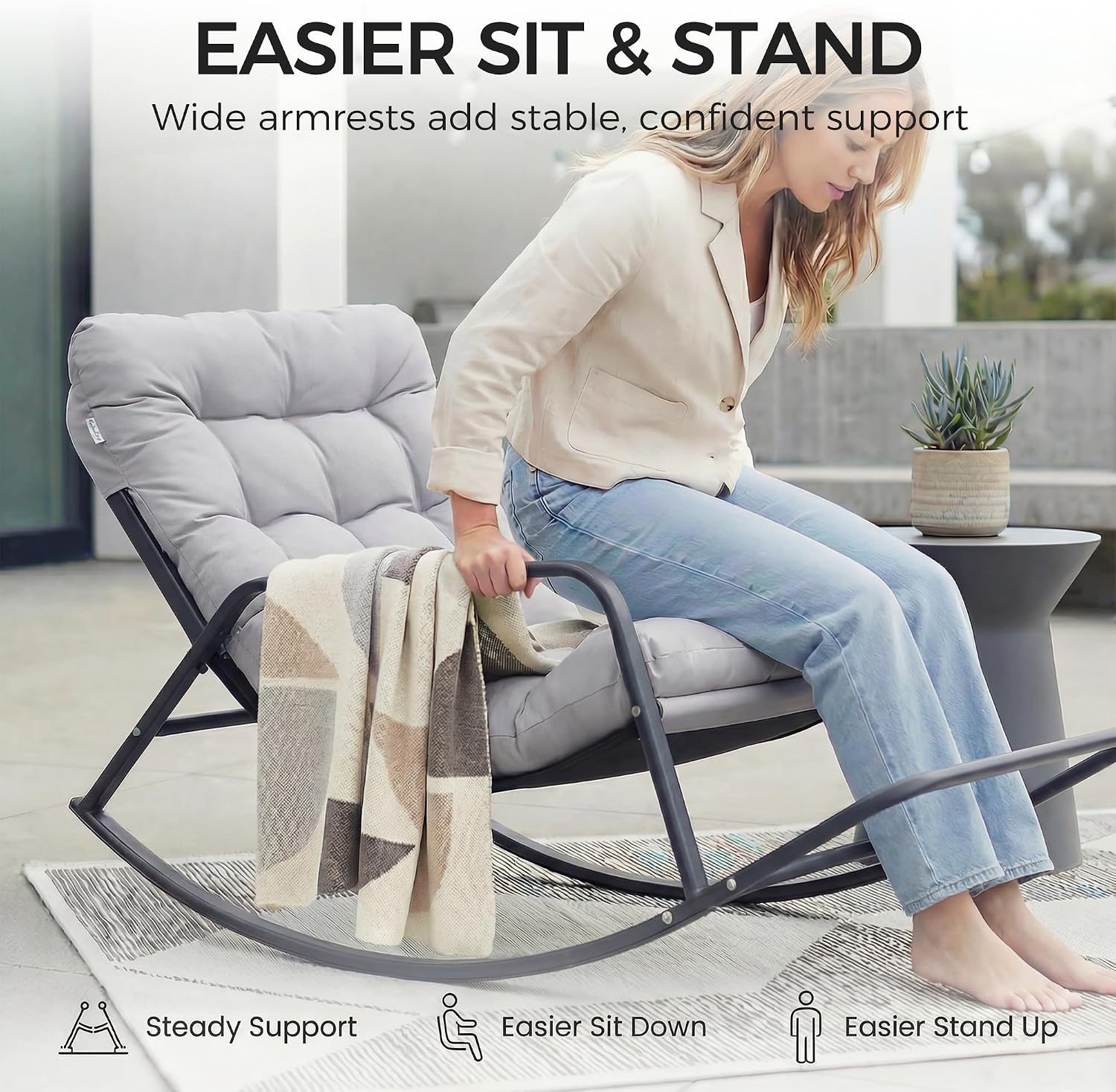 NICESOUL Outdoor Papasan Rocking Chair for Adults with Footrest, Oversized Patio Rocker with Cushion, Heavy Duty Steel Frame, Large Comfortable Rocking Lounge Chair for Backyard Balcony, Grey