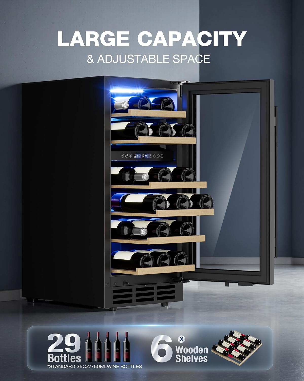 15 Inch Under Counter Refrigerator, 29 Bottle Dual Zone Wine Fridge for Built-In or Freestanding Use, Features Removable Shelves and Glass Door, Small Refrigerator for Home or Office (Black)